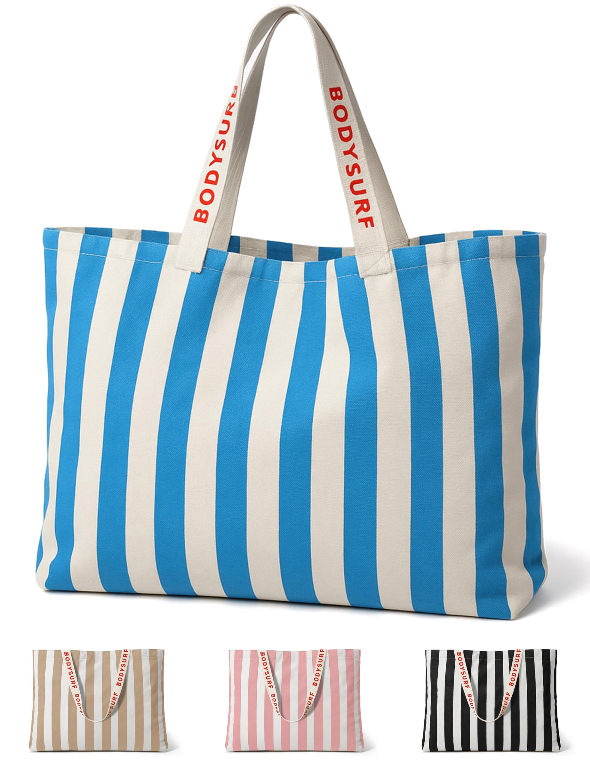 Bodysurf Large Canvas Beach Bag, Durable Striped Shoulder Tote + Zip Pocket