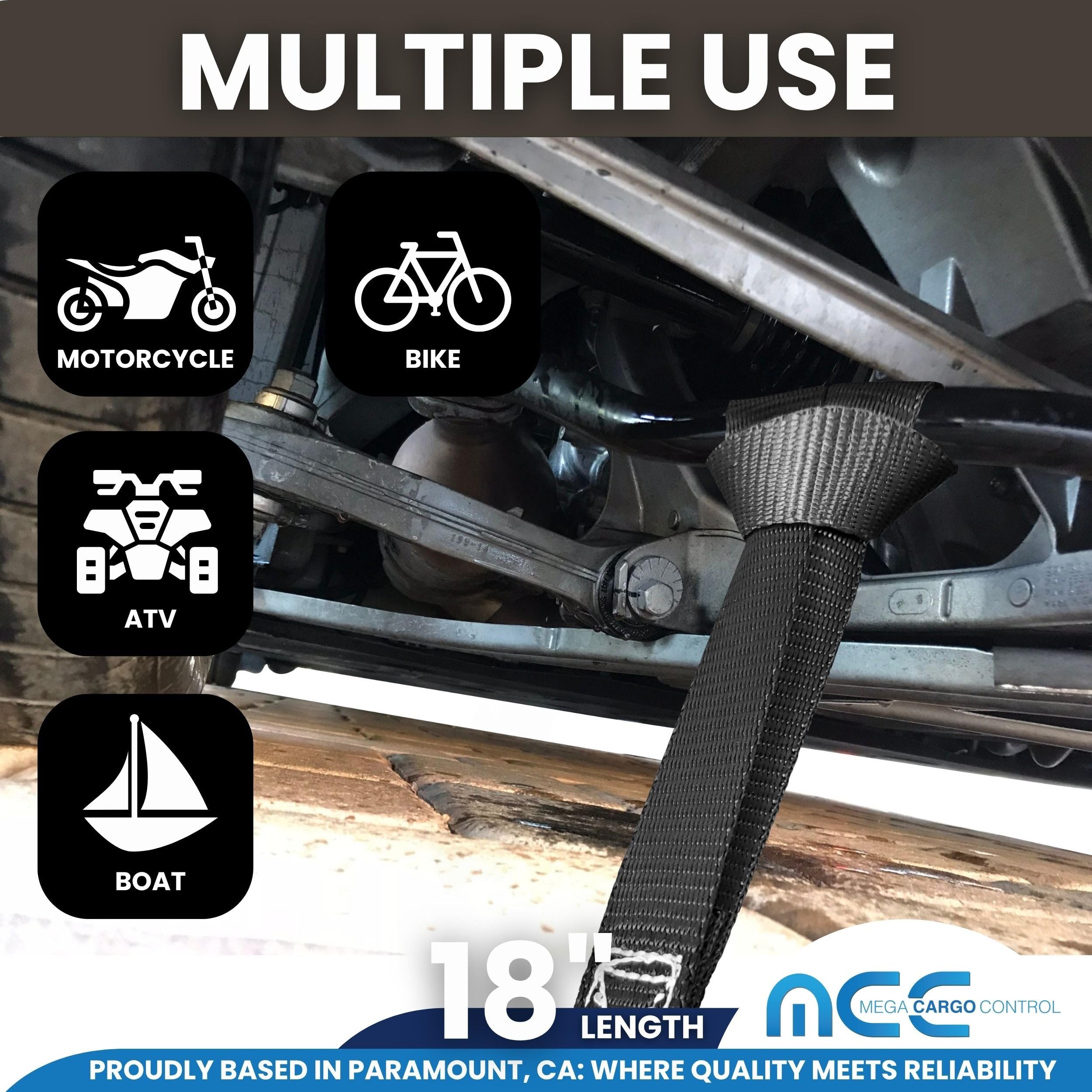 Mega Cargo Control 8 Stück weiche Schlaufen-Spanngurte - WLL: 272,2 kg. Schlaufe für Motorrad, Roller, Rollstühle, Dirt-Bikes, Motocross, ATV, UTV, (45,7 cm, schwarz) genäht in den USA