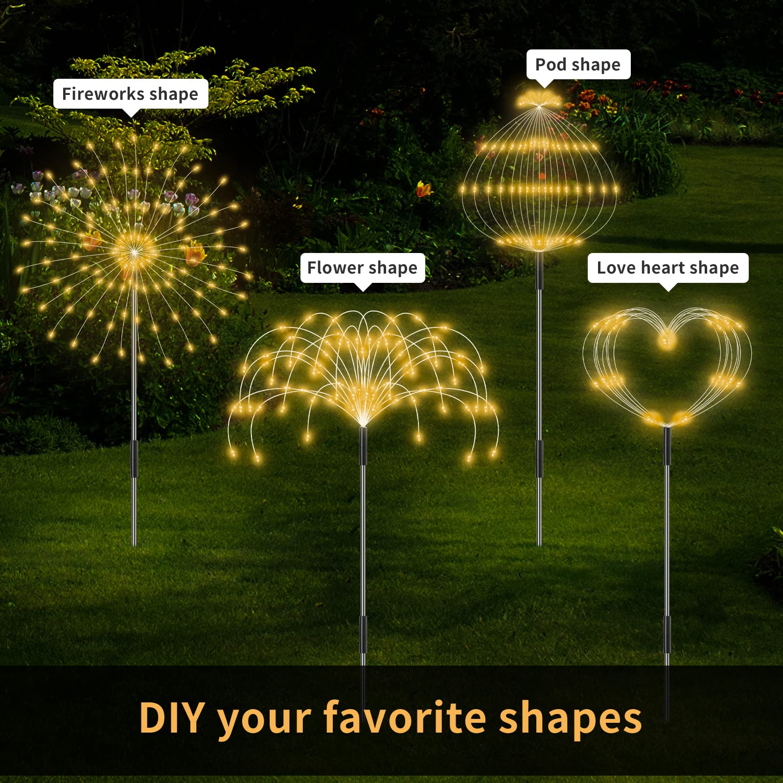 Aourow Zewnętrzne oświetlenie solarne do ogrodu, 8 sztuk świateł Starburst z 8 trybami i 4 poziomami jasności, wodoodporna lampa LED IP65, do dekoracji, tarasu, balkonu, ogrodu (ciepła biel)