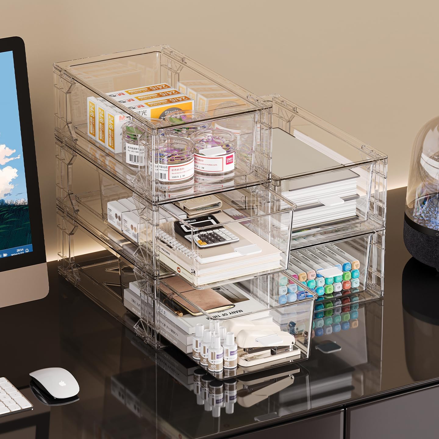 2 Pack Stackable Makeup Organizer,Modular Storage Bins with Handles for Fridge,Bathroom,Kitchen Under sink,Cabinet,Pantry Organization Drawer