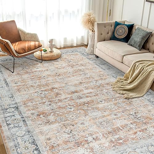 Miniatura 6 de Homcomoda Alfombra envejecida de 5 x 8 pies, lavable, estilo bohemio, para sala de estar, antideslizante, suave, no desprende pelusa, alfombra