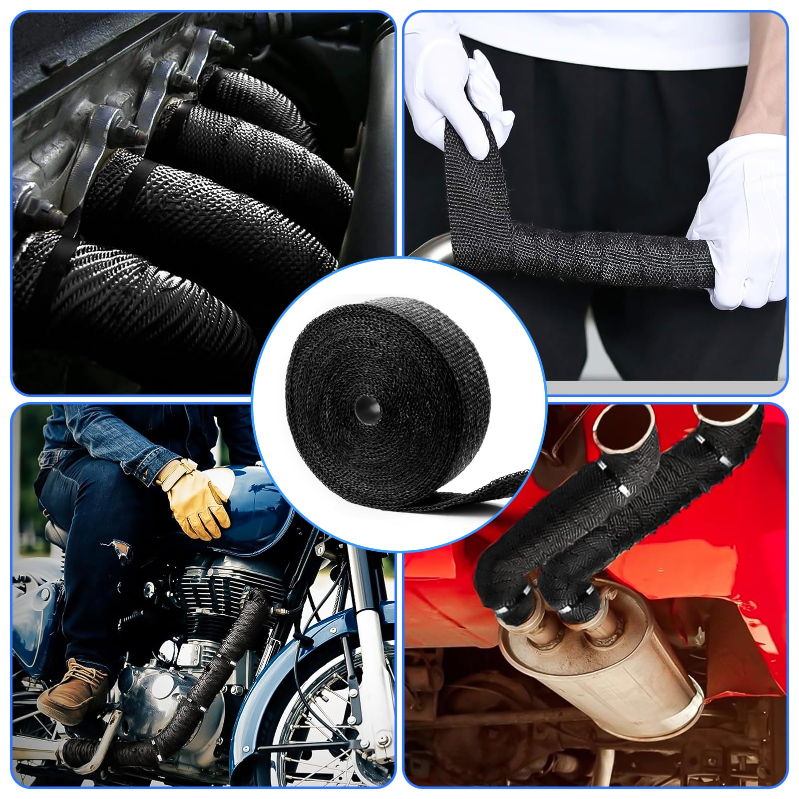 Benda Termica per Scarico Marmitta, 10 m Nero Nastro Termico Isolante in Fibra di Vetro con 10 Fascette in Acciaio Inox Bende Termiche Moto Per Tubo Scarico Moto e Automobile
