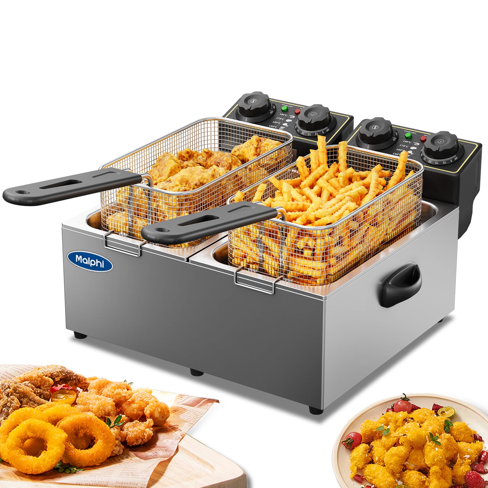Malphi - Freidora de grasa profunda de 3 litros de temperatura ajustable, sartenes para virutas, cesta y tapa, alta potencia de 2000 W, olla de aceite eléctrica, protección contra sobrecalentamiento y