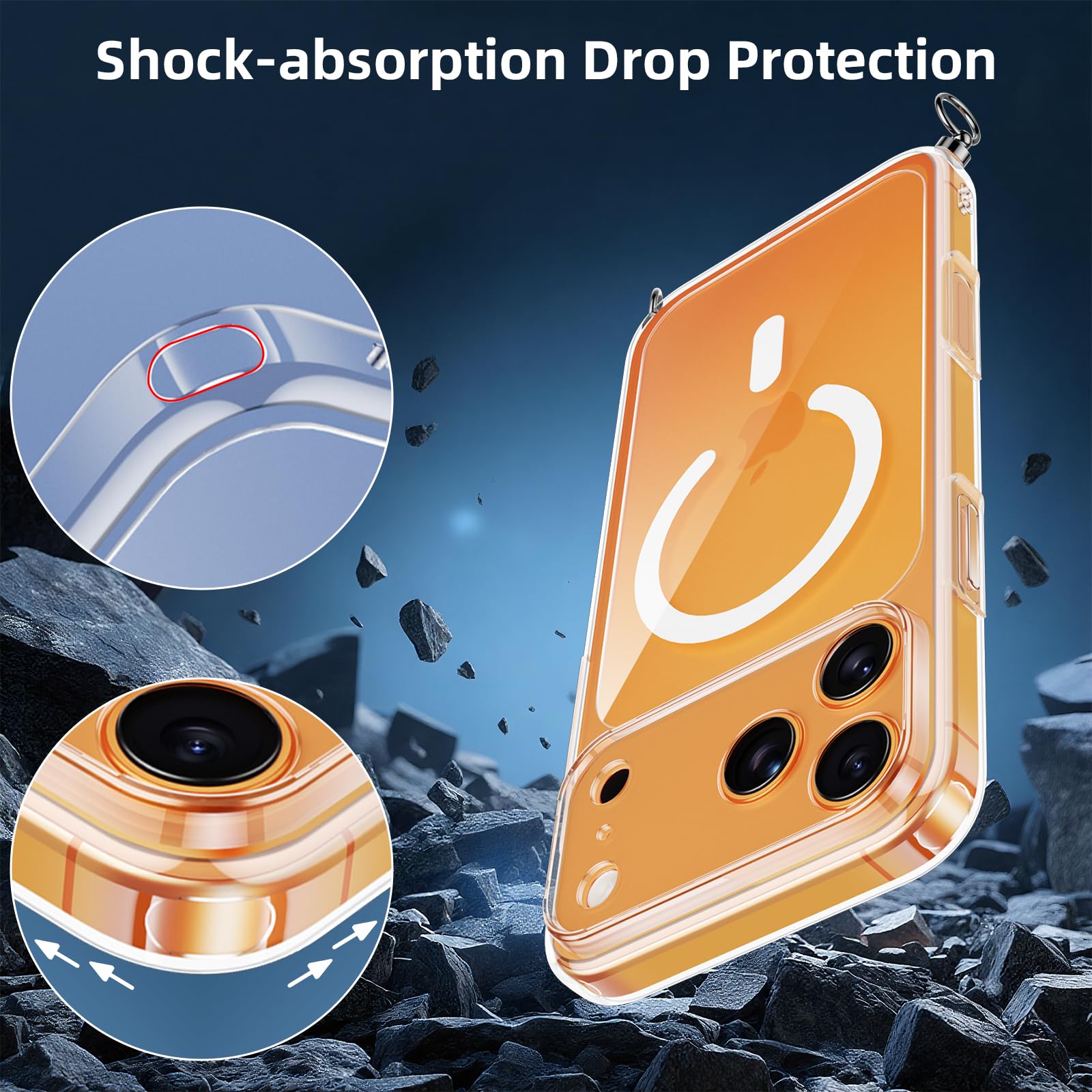 Custodia Magnetica Coiwxmoi Per IPhone 17 Pro – Trasparente Ultra Sottile Con Cordino Regolabile, 2 Vetri Temperati E Antiurto (Arancione)