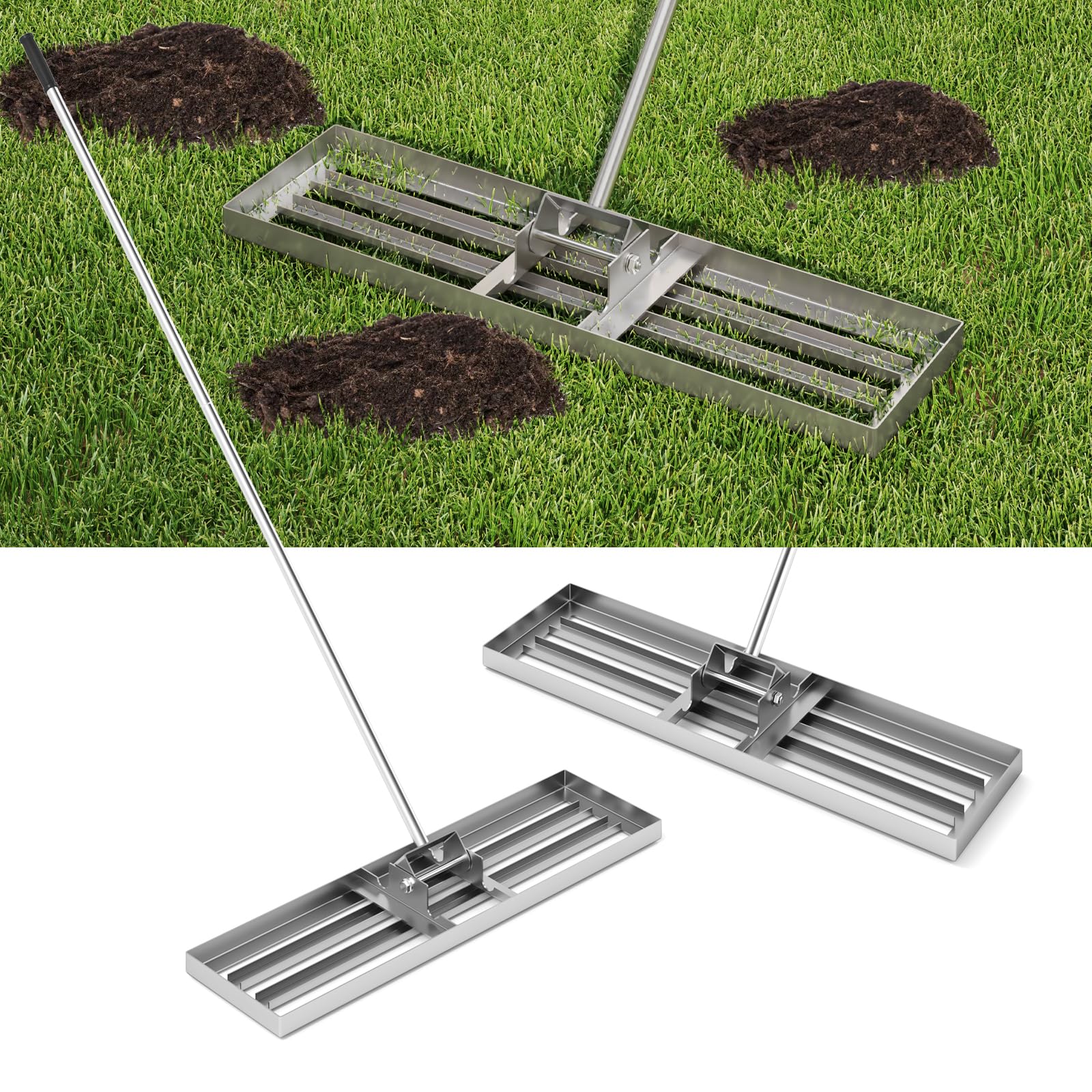 FANTASK Rasen-Nivellierrechen, Rasenrechen Flächenebner Rasenwerkzeug mit ergonomischem Griff, Rasenrakel Metall von Sand Boden, Rechen für Garten, Golf & Hinterhof (Silber, 91 cm x 25 cm)
