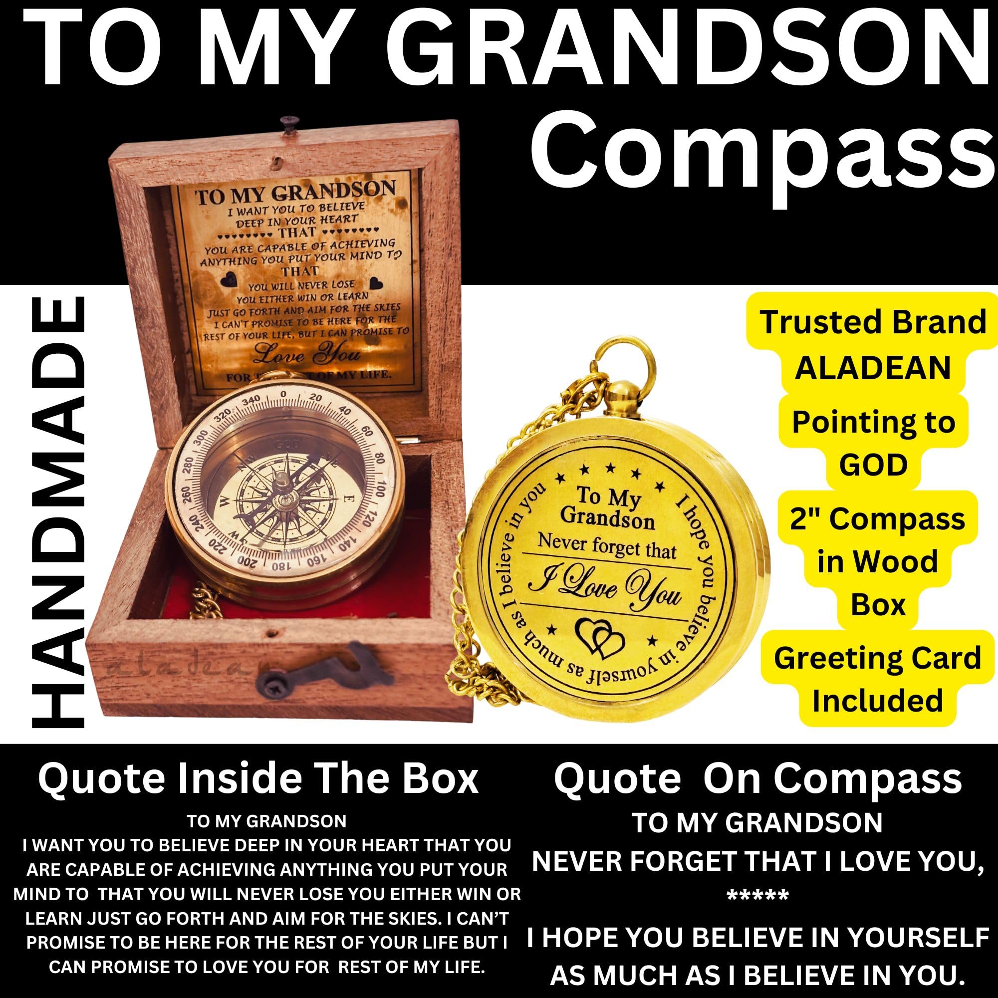 Brass Divine Path Finder Compass - Engraved Grandson Gift With Wood Box & Inspirational Quotes