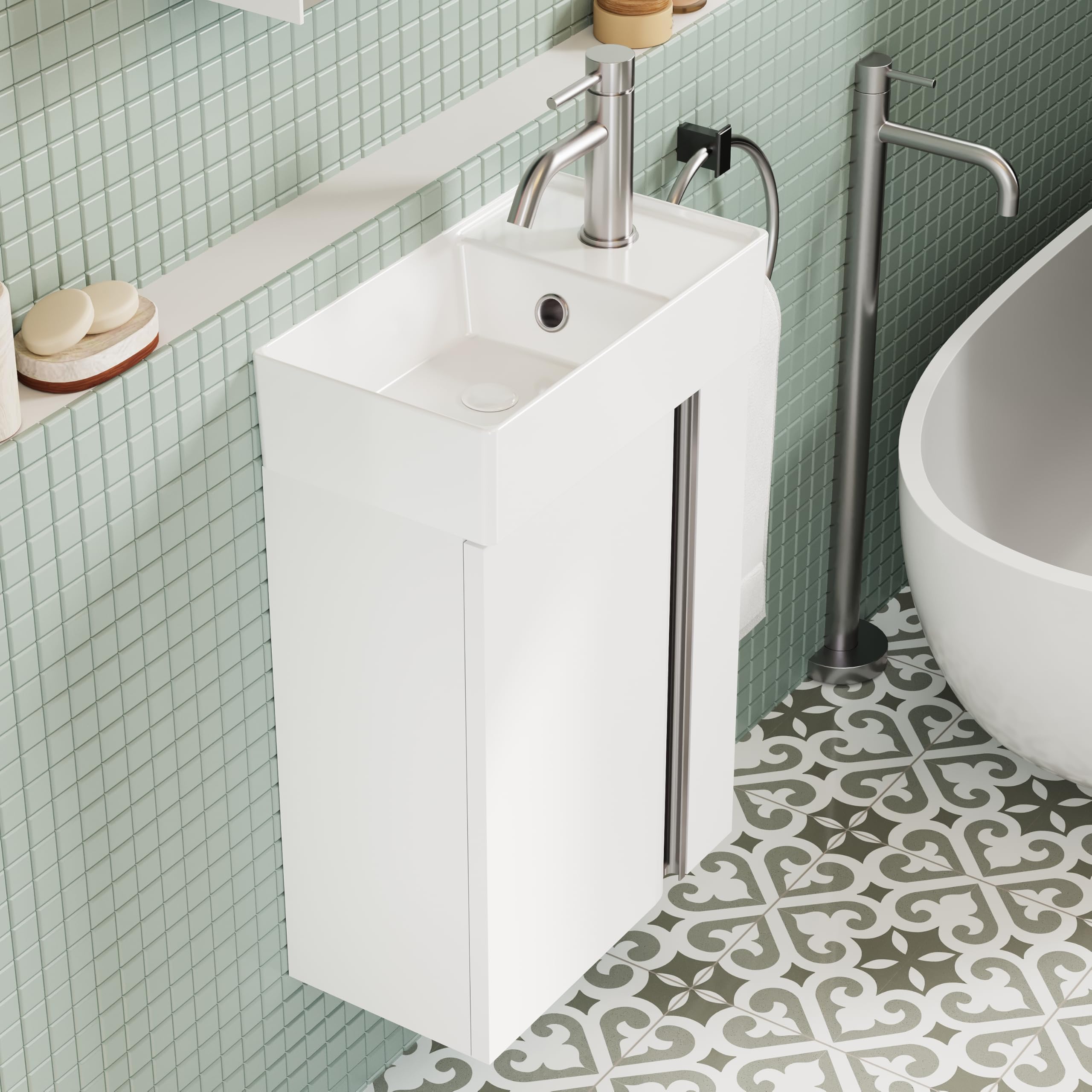 Mobiletto Da Bagno Con Lavabo Da 40 cm – Mobiletto Piccolo Con Contenitore Per Wc Ospiti, Salvaspazio, Bianco Opaco
