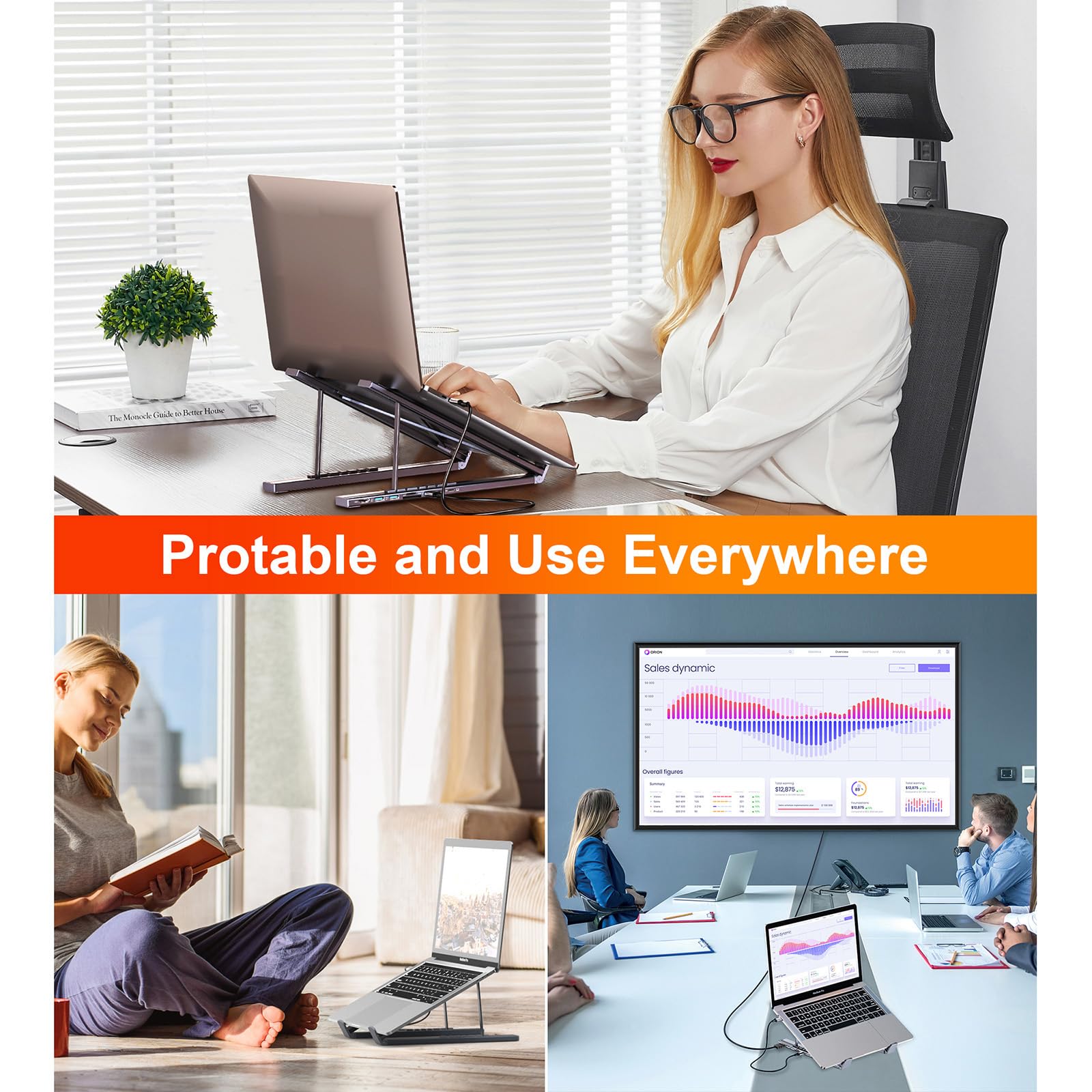 Supporto pieghevole per laptop in lega di alluminio per scrivania, tablet pieghevoli portatili Supporto di espansione multi-interfaccia Regolazione multi-angolo Design ergonomico Staffa di