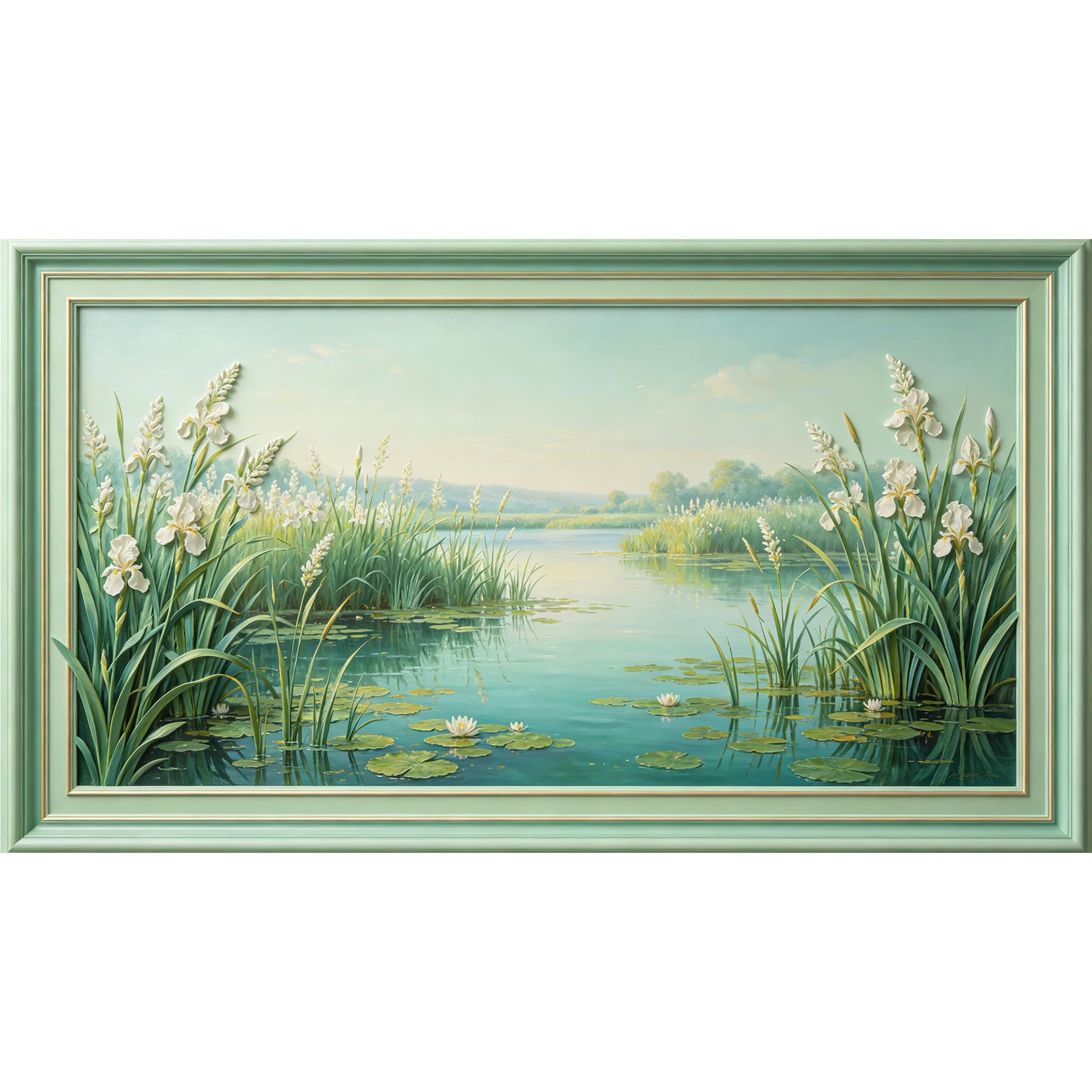 QZLITHOTIC 50x90cm3D Framed Wall Art， Botanical Lake Landscape Water Lily Pond Self‑Adhesive Mural， Water‑Activated Peel & Stick Fabric Decor Wall Decal for Bedroom Living Room