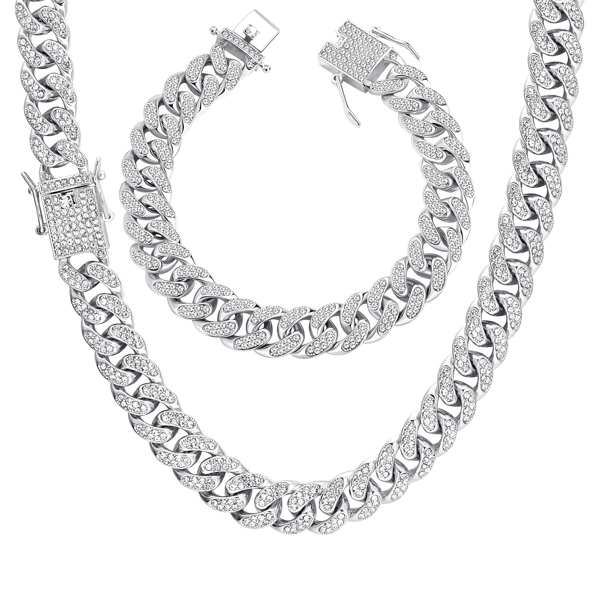 YADOCAMens Cuban Link Chain Gold Silver Bling Miami Cuban Necklace Bracelet Set Diamond Chain for Men Iced Out Hip Hop Jewelry