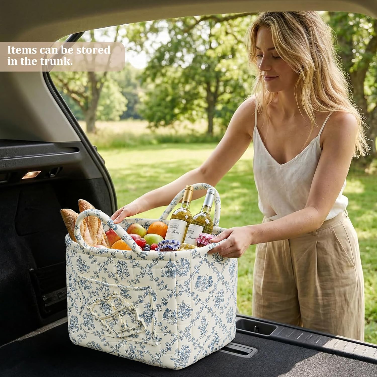 Floral Fabric Storage Basket Car Interior Storage Basket Underwear Sundries Laundry Baskets Supplies Home Organizer Bag (blue 2)