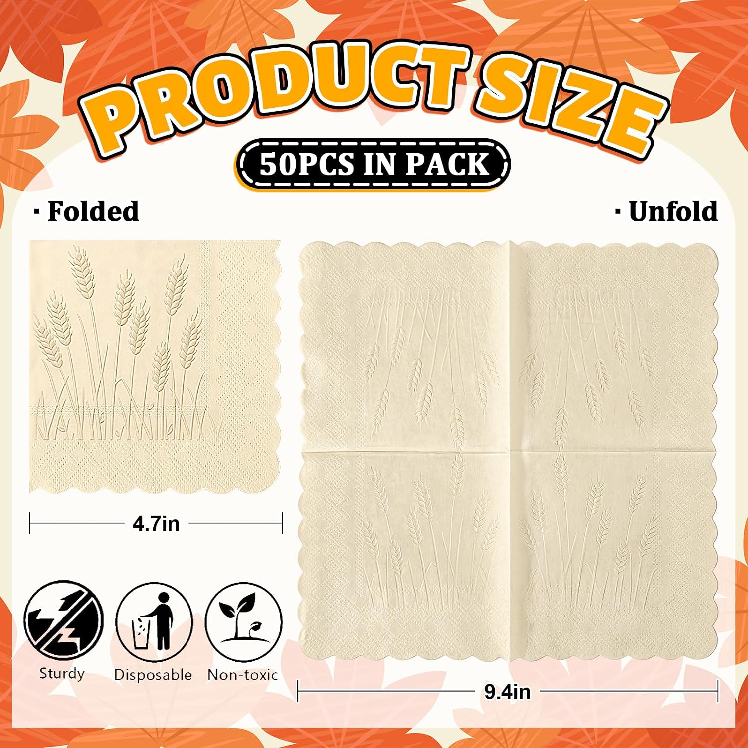 AnyDesign 50 Pcs Fall Cocktail Napkins Wheat Embossed Scalloped Napkins