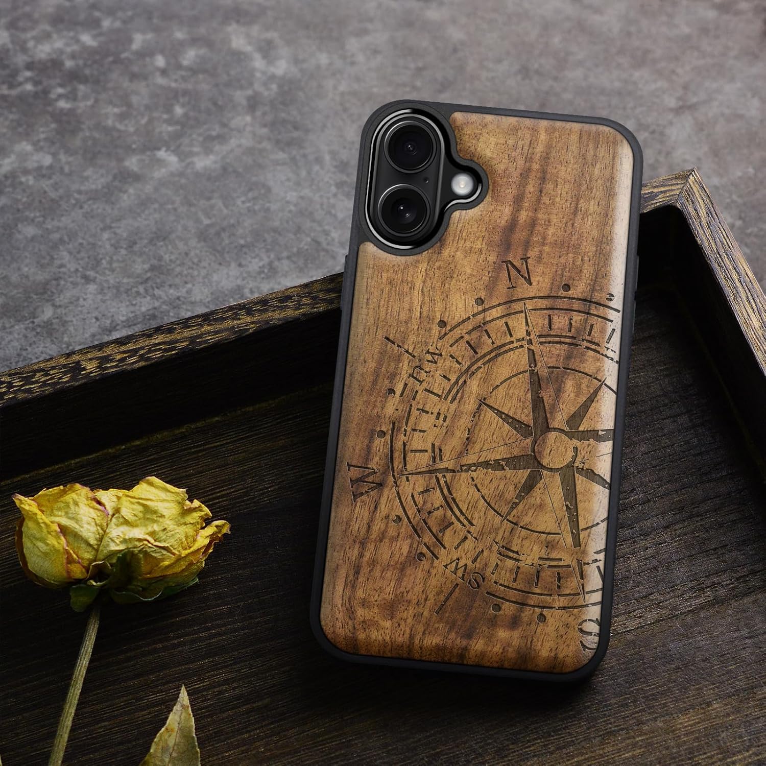 Carveit Magnetic Wooden Case for iPhone 16 Case, Wood Artisan Engraved & Black Soft TPU Shockproof Cover, Compatible with MagSafe Wireless Chargers (The Incomplete Compass) Walnut - Image 8