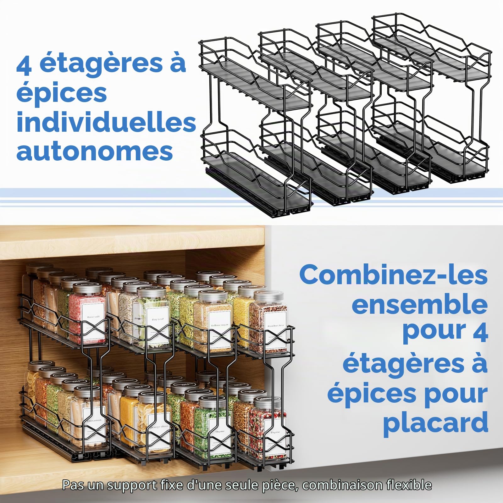Étagère Coulissante à 2 Niveaux pour Épices, Lot de 4