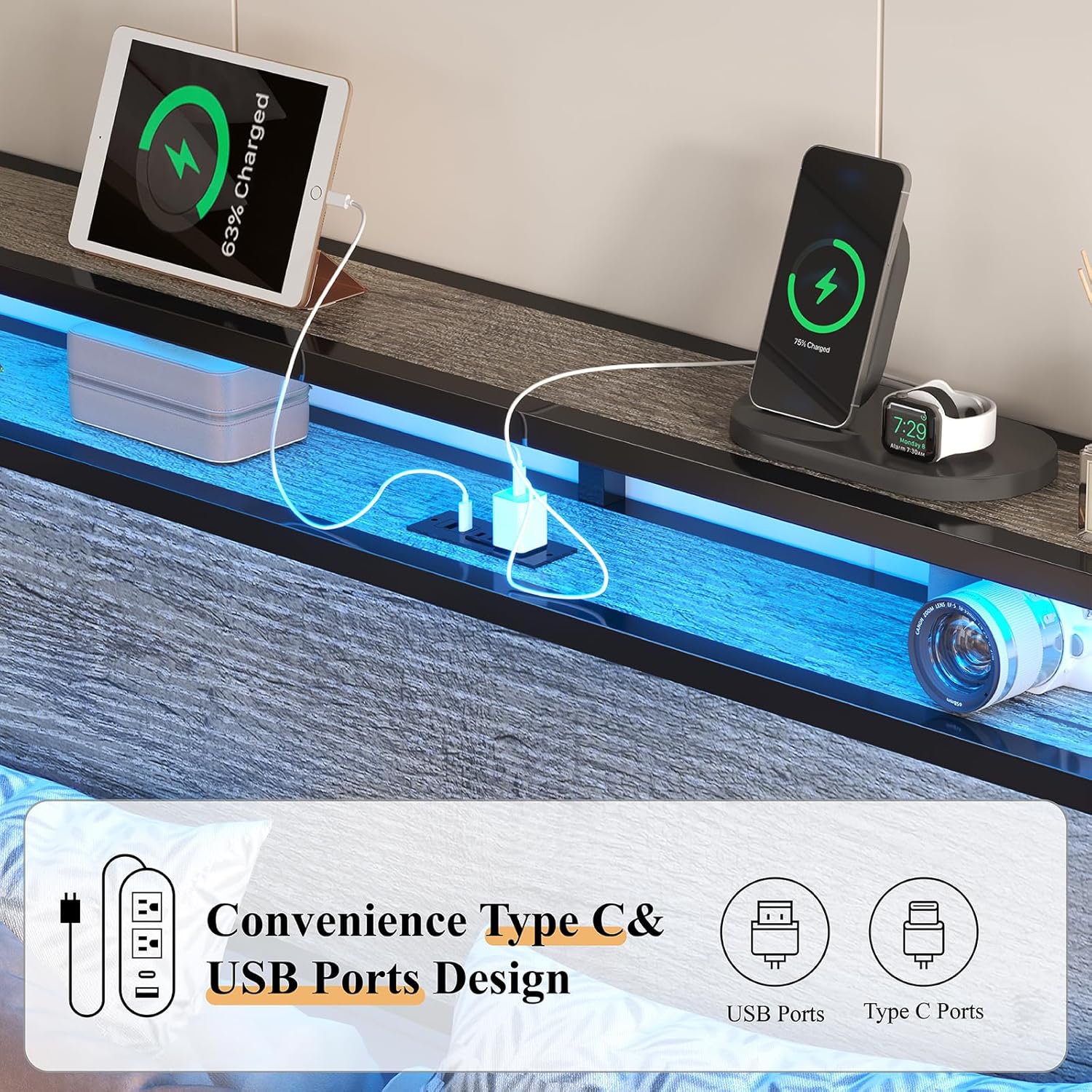 Close-up of the headboard charging station with USB, Type-C, and AC outlets