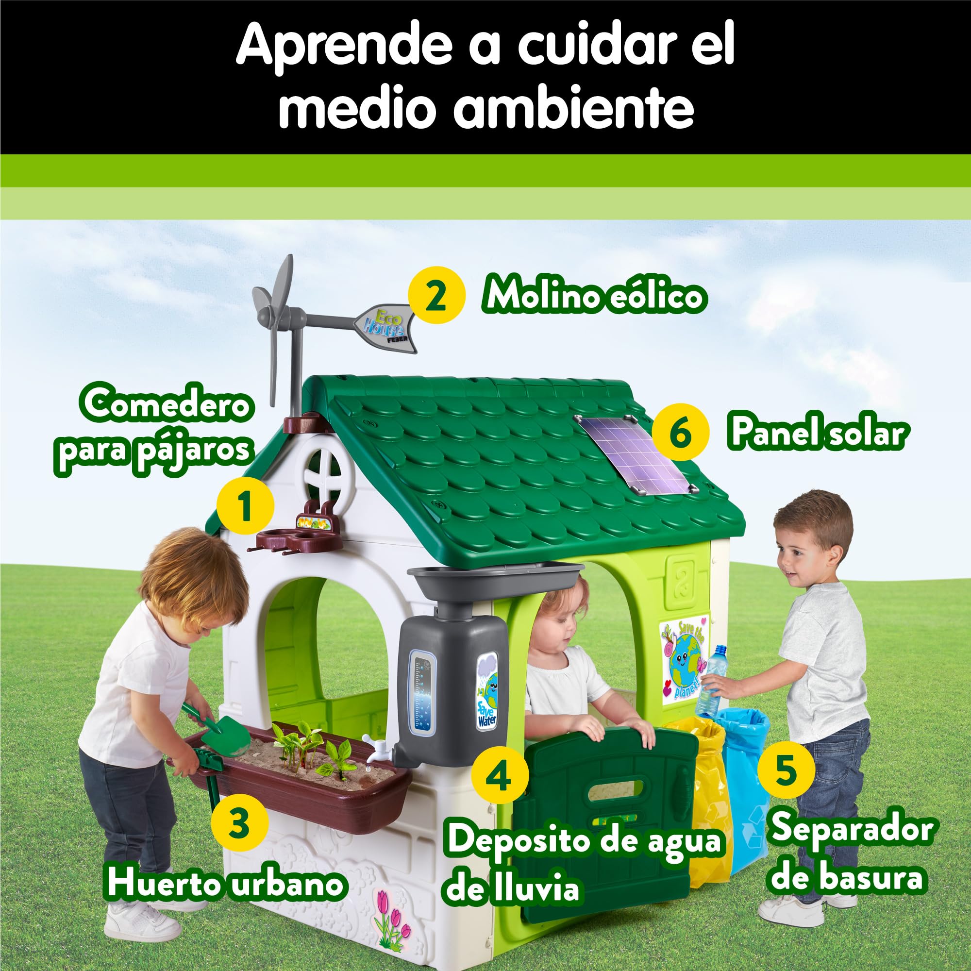 FEBER - Casa Ecologica, Educativa con Giochi Ecologici, Orto Urbano, 2 Cestini per Rifiuti, un Mulino a Vento, per Bambini e Bambine Amanti della Natura, da 2 anni, Famosa (FEH16000) Versione attuale