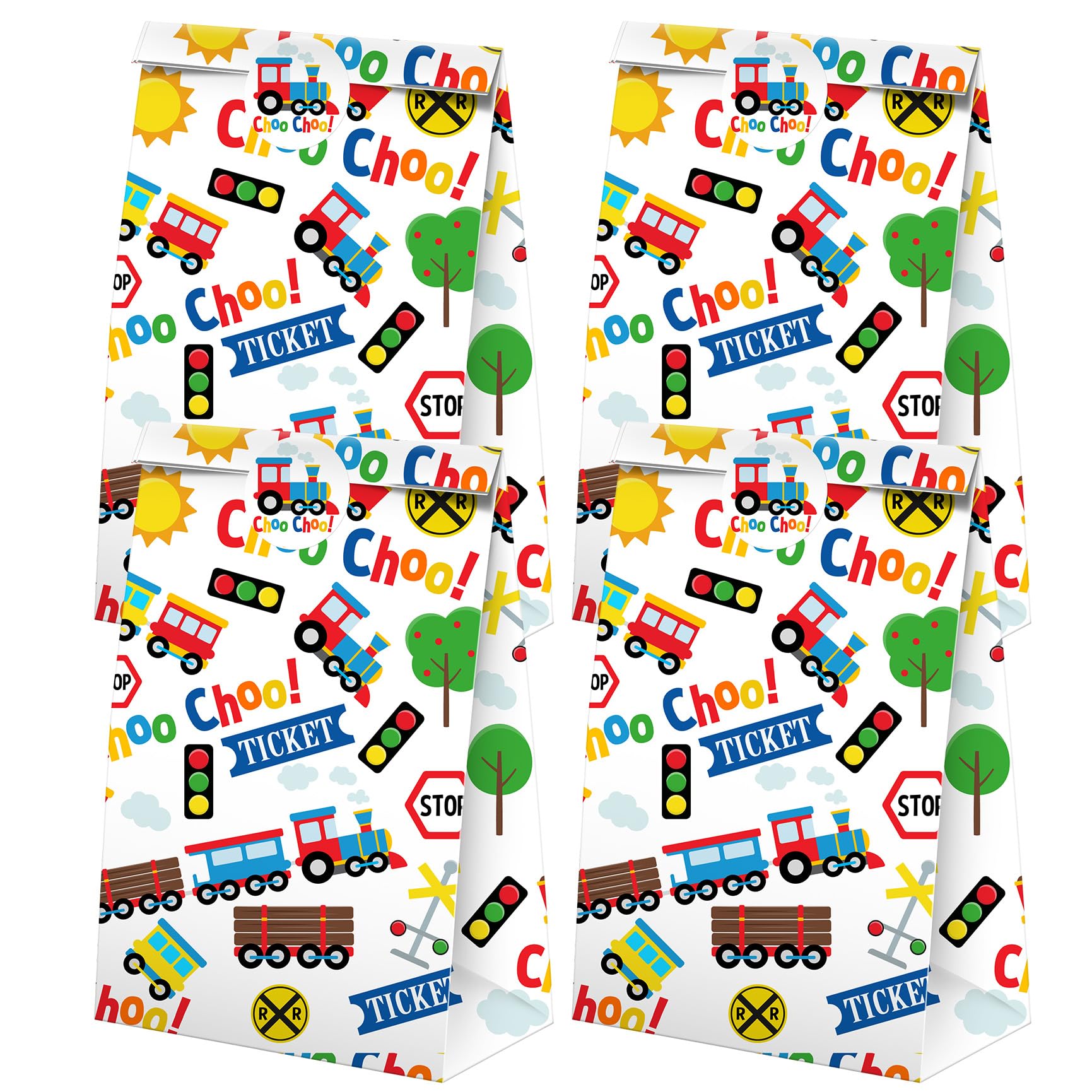 BonBeeDesign Train Party Favors Candy Bags with Stickers - Train Goodie Gift Treat Bags - Train Themed Birthday Party Supplies