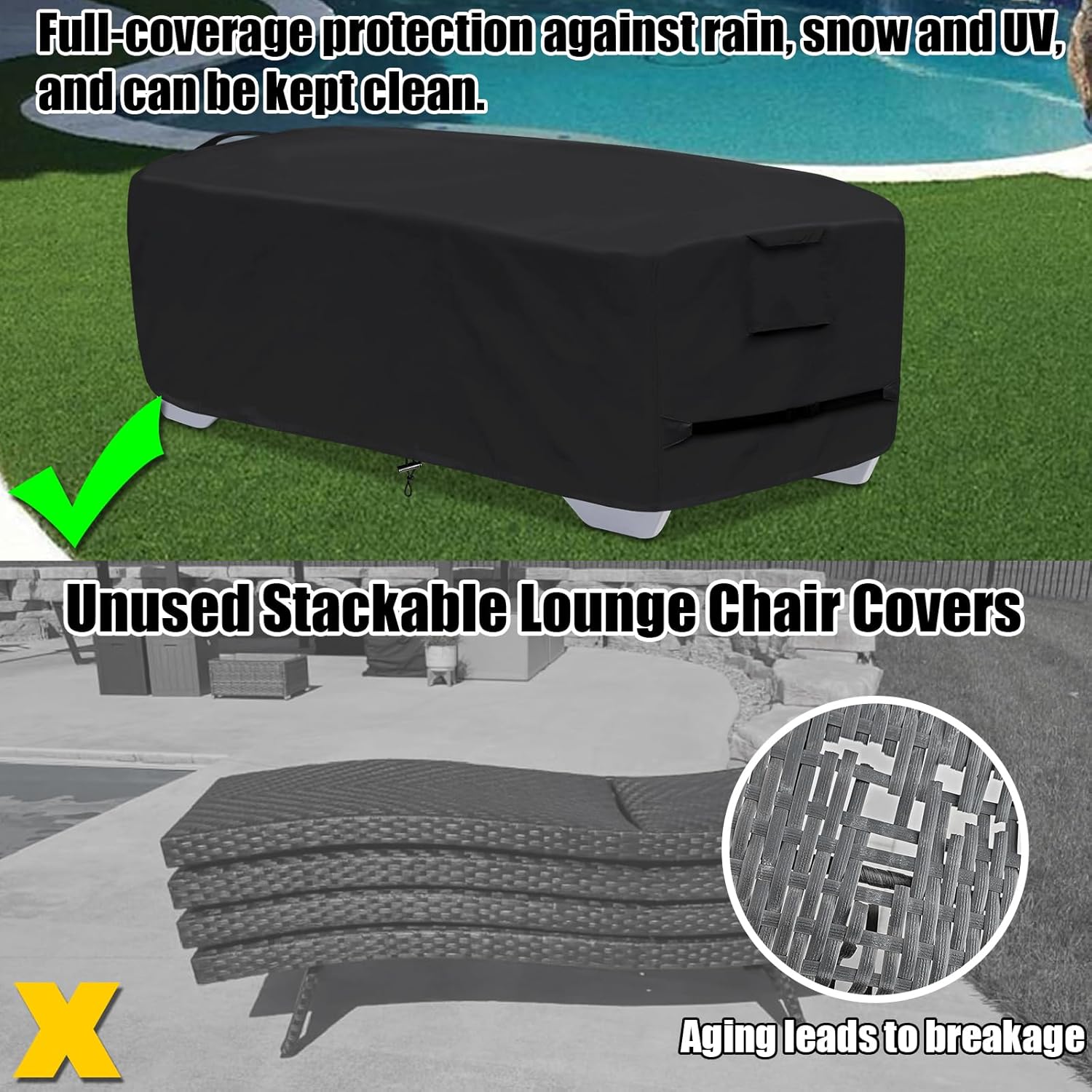Outdoor Lounge Chair Covers for 4-6 Stackable Patio Chaise Lounge Chairs, Waterproof, Durable Polyester Fabric 80 x 32 x 40 Inch Pool lounge chair covers for Winter Storage (Black)