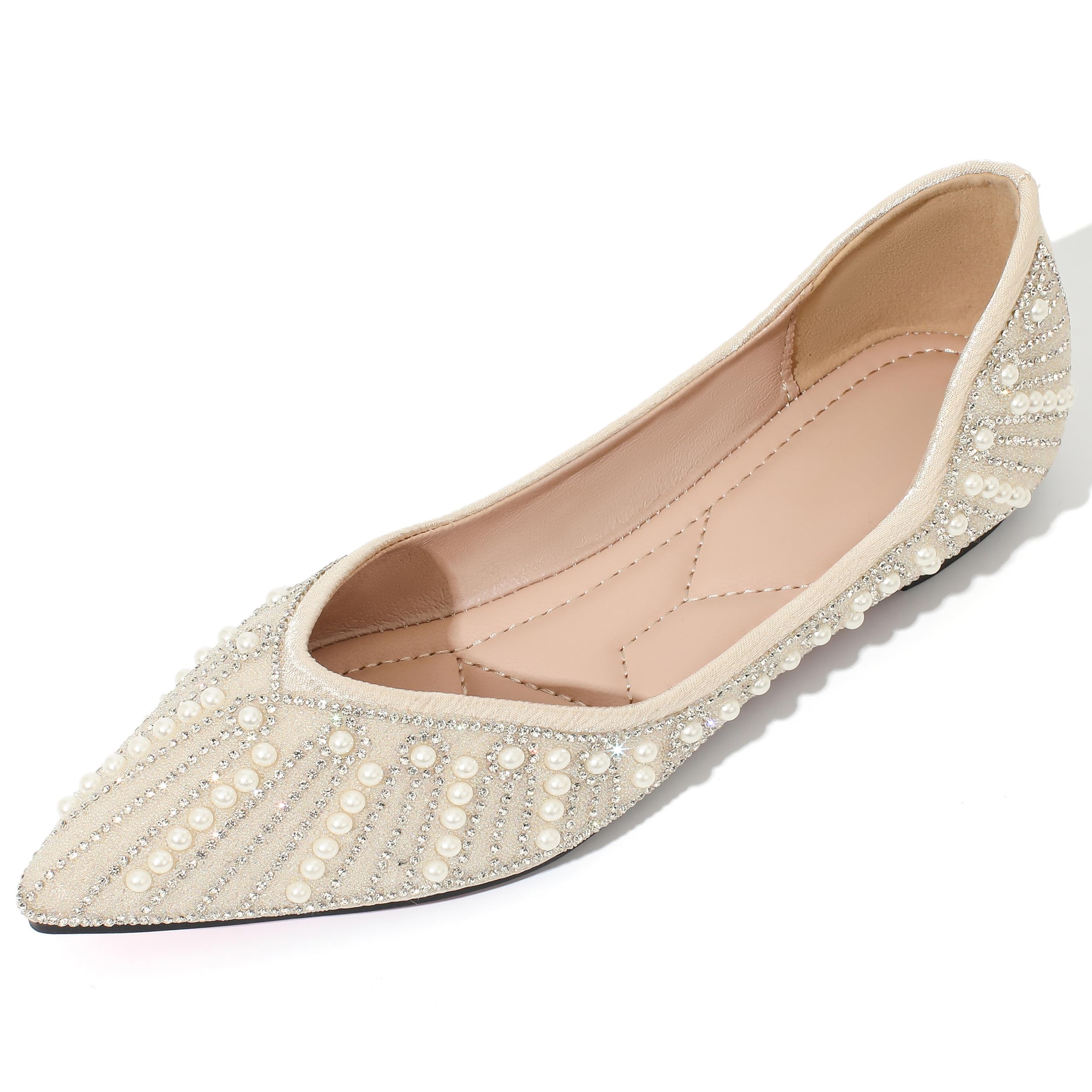 Flats Shoes Women Rhinestone Wedding Flats Comfort Pointed Toe Ballet Flat Shoe Low Heel Dress Shoes Sparkly Flats for Women 8 Apricot-1