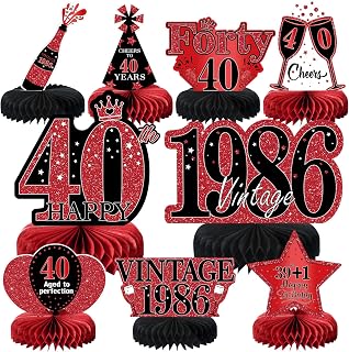 9Pcs 40th Birthday Decorations Red and Black 40th Birthday Party Decorations for Women,Happy 40 Years Vintage 1986 Aged Honeycomb Centerpieces Table Sign Decor Supplies