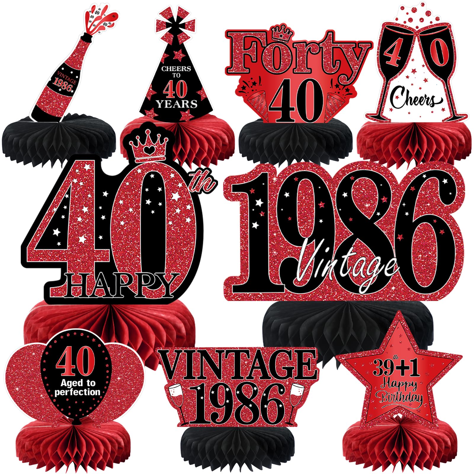 9Pcs 40th Birthday Decorations Red and Black 40th Birthday Party Decorations for Women,Happy 40 Years Vintage 1986 Aged Honeycomb Centerpieces Table Sign Decor Supplies