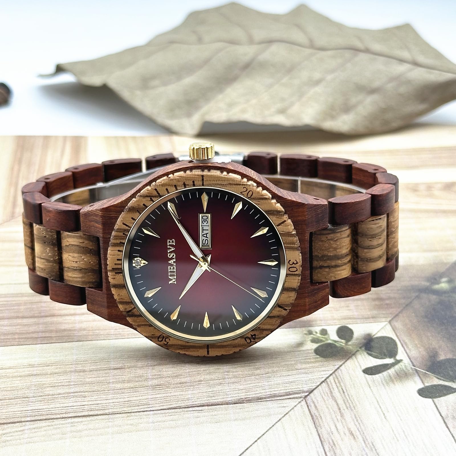 Relojes de madera hechos a mano para hombre, esfera roja, ligero, analógico, de cuarzo, correa ajustable