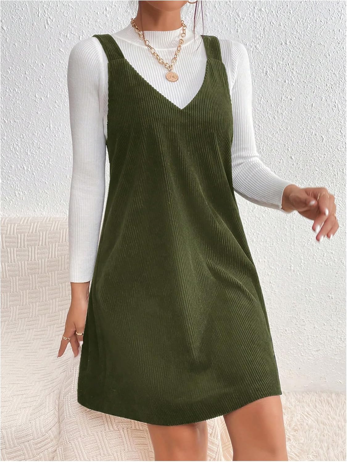 SweatyRocks Women's Corduroy Overall Dress V Neck Sleeveless Fall Pinafore Dresses - Image 4