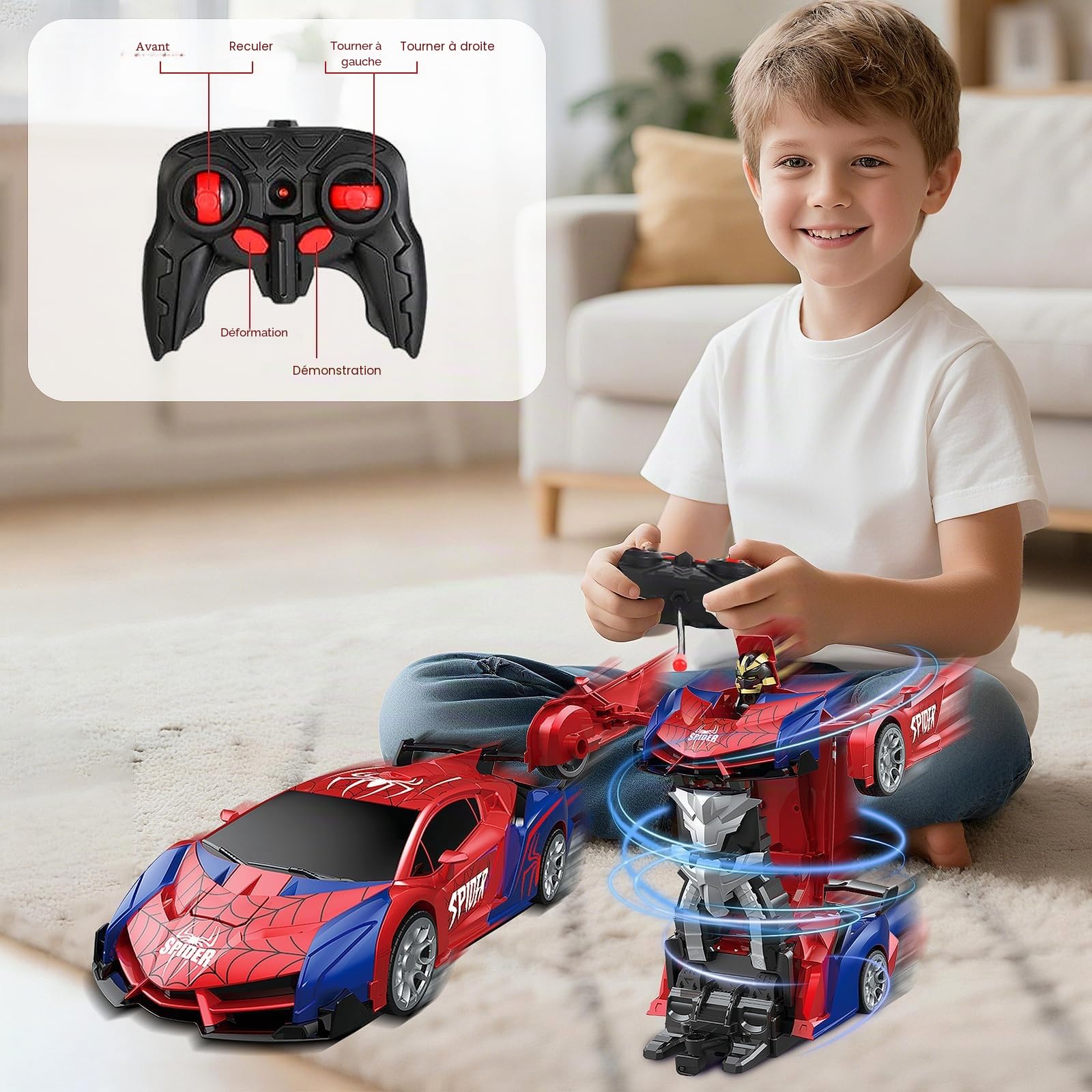 Voiture Télécommandée Spider Jouet Enfant 3 4 5 6 7 8 9+ Ans,2 en 1 Transformable Radiocommande RC Robots,Transformable RC Spider Car Radiocommande,Voiture RC 2,4 GHz & Robot Rotation 360° Jouet (E)