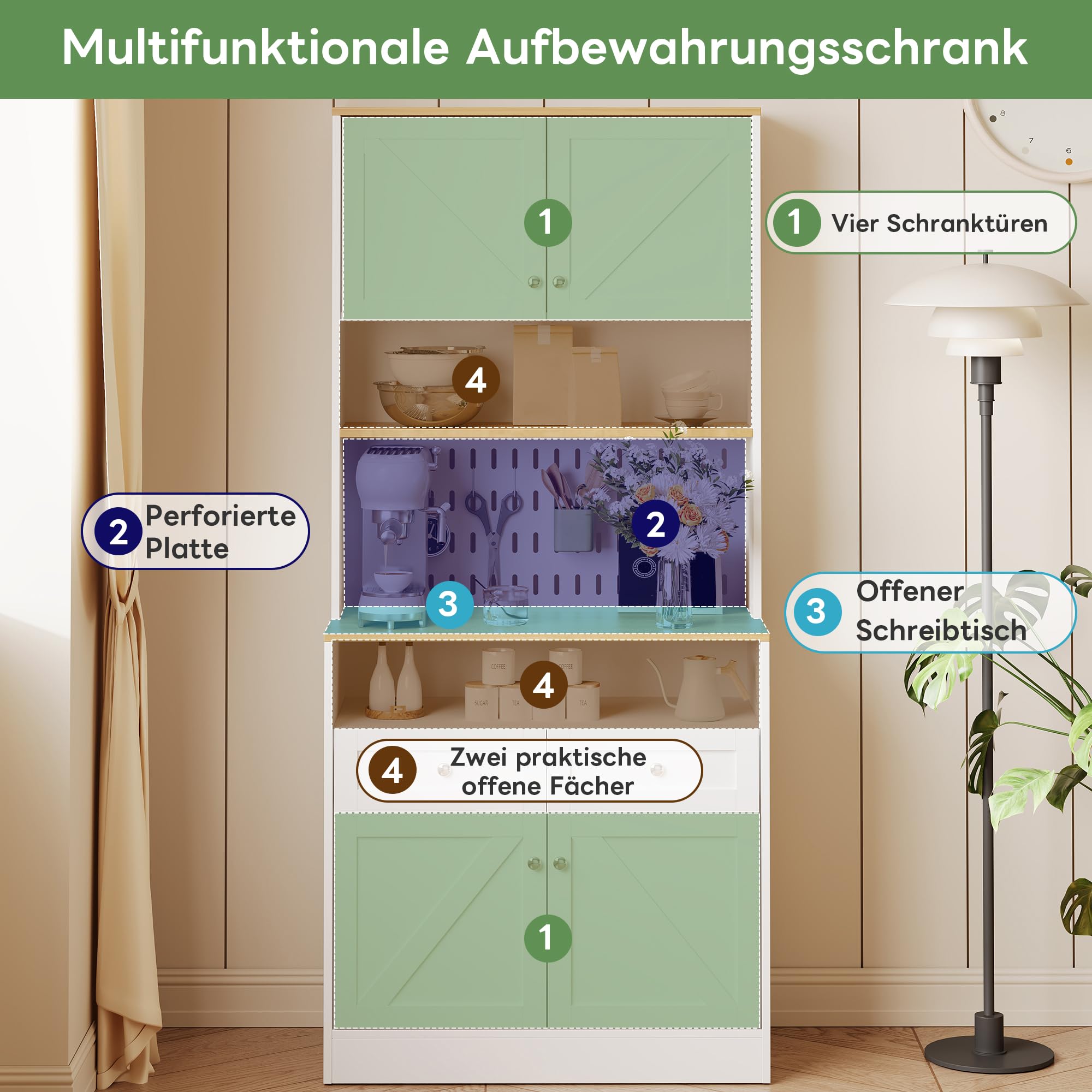Kredens w stylu wiejskim z diodami LED i gniazdkiem – wysoka szafka (180 cm) w kolorze białym/złotym, 6 drzwi, 2 szuflady i regulowane półki, w zestawie zabezpieczenie przed przewróceniem, do