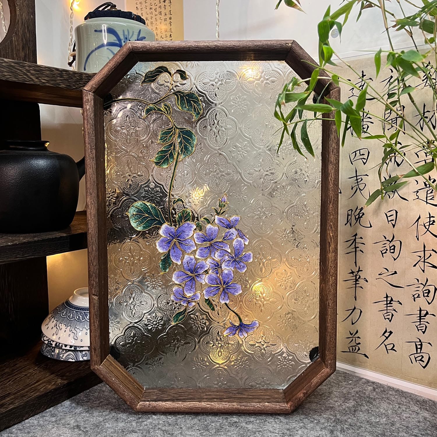 Cloisonne Enamel Painting DIY Kit for Adults Beginners, Filigree Glass Serving Tray, Home Decor, Chinese Intangible Cultural Heritage, 7.6" W x 11.4" L (Plumbago Auriculata)