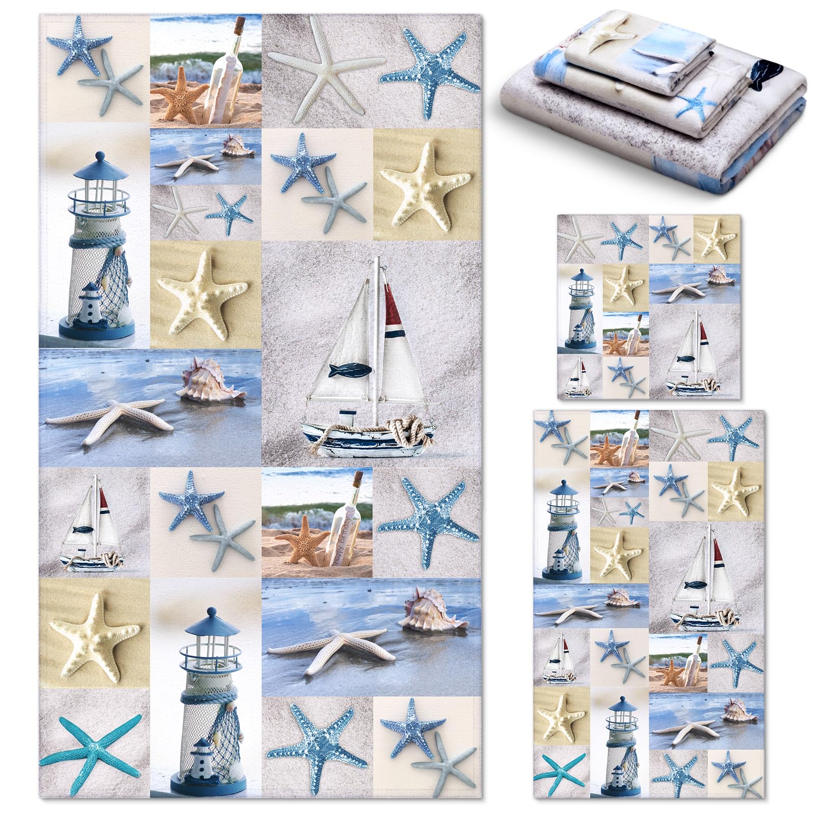 Preboun 3 Pcs Bathroom Towels Set Beach Theme Bath Towels Set Nautical Hand Towels for Bathroom Starfish Seashell Towel Set for Bathroom Sea Ocean Dish Towels for Travel Hotel Kitchen Beach Swim
