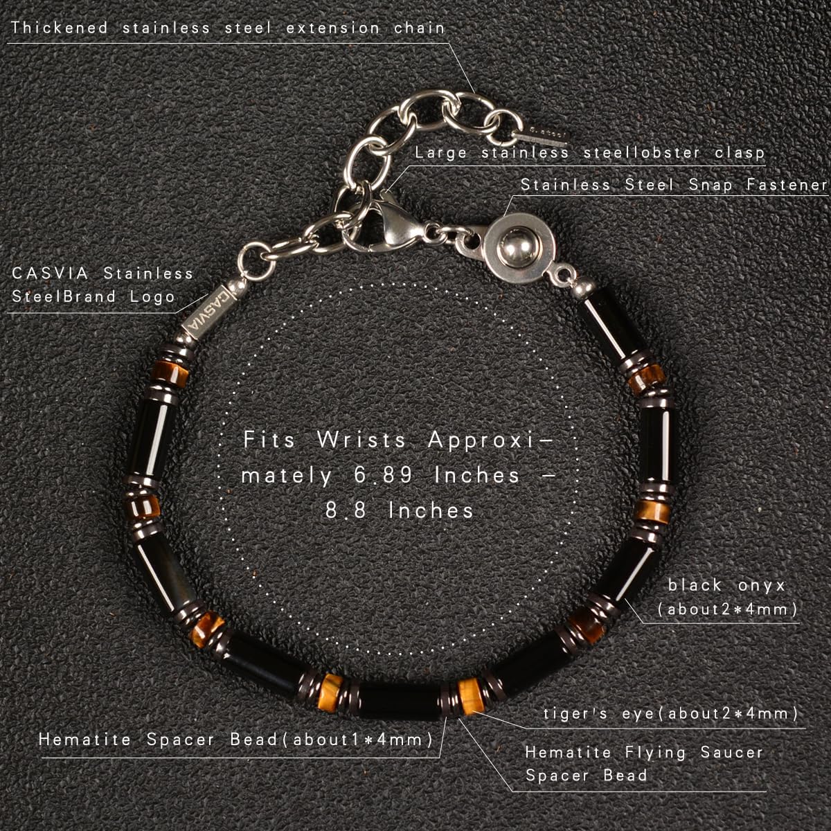 Men's Black Onyx Hematite Tiger Eye Chakra Beaded Gemstone Bracelet, Handmade Adjustable Dual Clasp 6.89-8.8 Inches, Comfort Fit Everyday Wear, Ideal Gift for Him