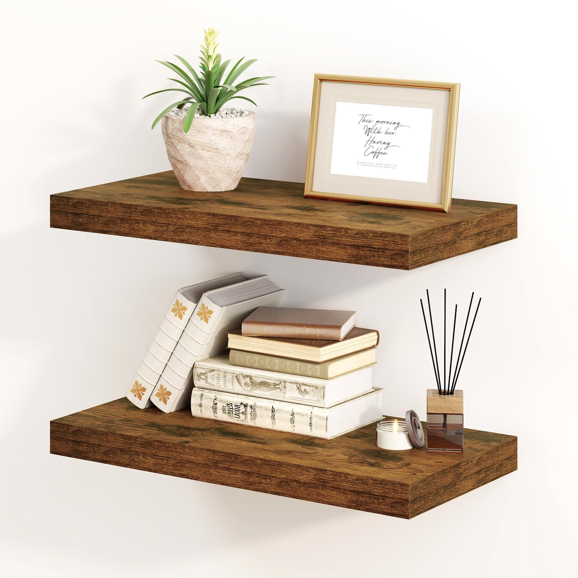 Fun Memories Floating Shelves for Wall, 8 Inch Deep Floating Wall Shelf, 16" x 8" Floating Shelves - Set of 2, Rustic Wooden Storage Shelves for Bathroom, Living Room, Kitchen, Rustic Brown Color