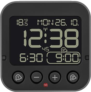 TFA Dostmann Bingo 2.0 Digital Radio-Controlled Alarm Clock, 60.2552.01, Inverted Display, 2 Alarm Alarms, Date and Day of the Week, Includes Thermometer, with Light, No Ticking, Radio-Controlled