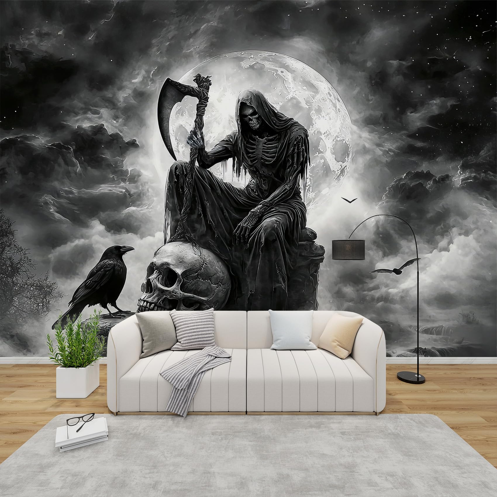 Qeodah Black Grey Gothic Wallpaper For Living Room, Grim Reaper Wall Art For Bedroom, Goth Skull Crow Wall Murals For Bedrooms, Renter Friendly Removable Waterproof Non-Woven Photo Wallpaper 3D, 350X256 Cm