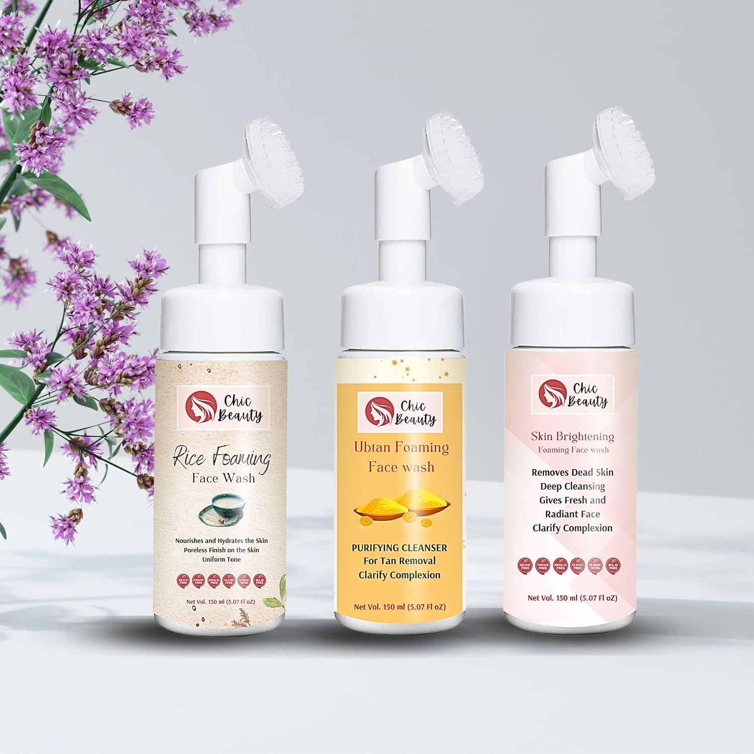 Foaming Face Wash Combo with Built-in Silicone Brush (Rice Foaming Face Wash 150ml + Ubtan Foaming Face Wash 150ml + Skin Brightening Foaming Face Wash 150ml)