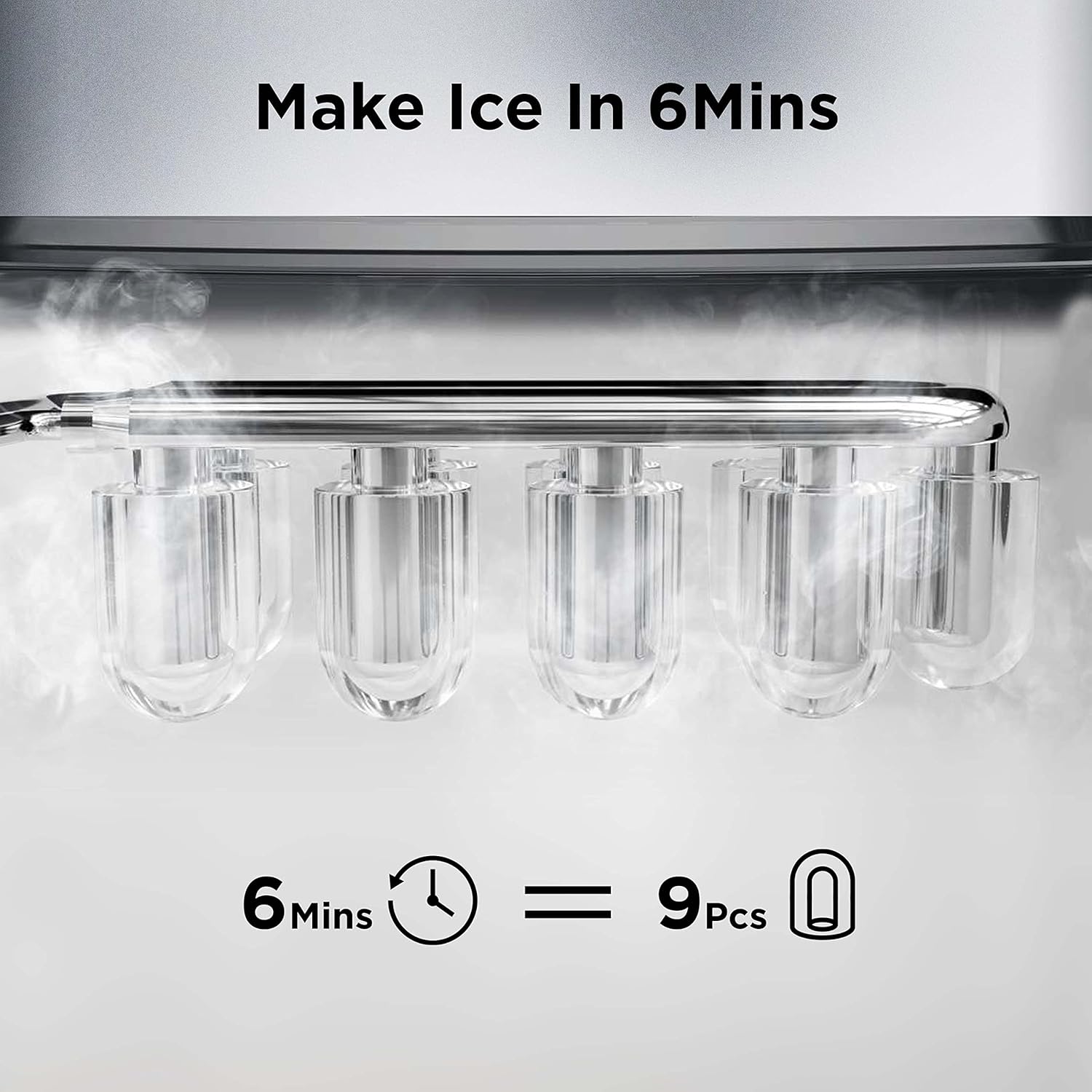 Silonn Ice Makers Countertop, 9 Cubes Ready in 6 Mins, Self-Cleaning Ice Machine with Ice Scoop and Basket, 26lbs in 24Hrs, 2 Sizes of Bullet Ice for Home Kitchen Office Bar Party, Sliver