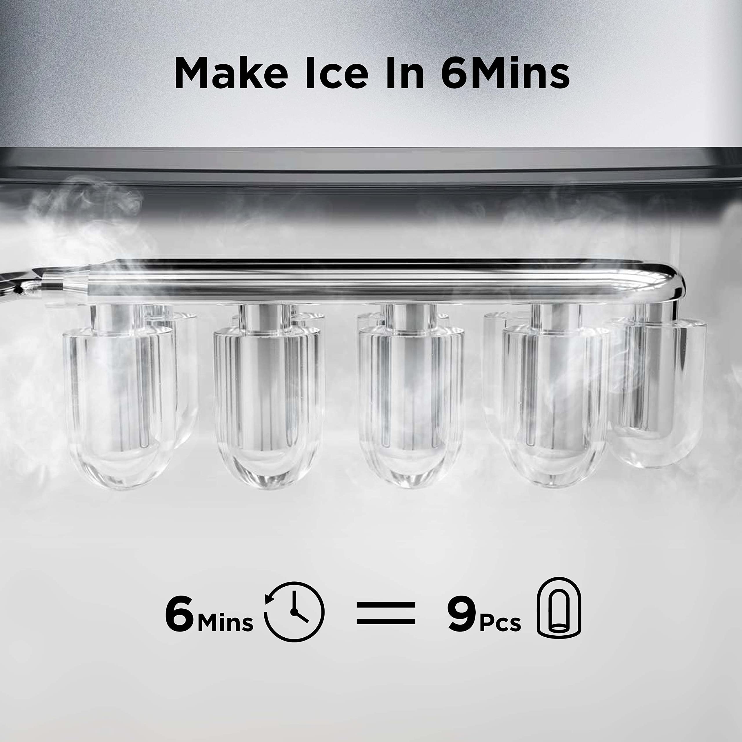 Silonn Ice Makers Countertop, 9 Cubes Ready In 6 Mins, Self-Cleaning Ice Machine With Ice Scoop And Basket, 26lbs In 24hrs, 2 Sizes Of Bullet Ice For Home Kitchen Office Bar Party, Sliver on Fridge.com - View 3