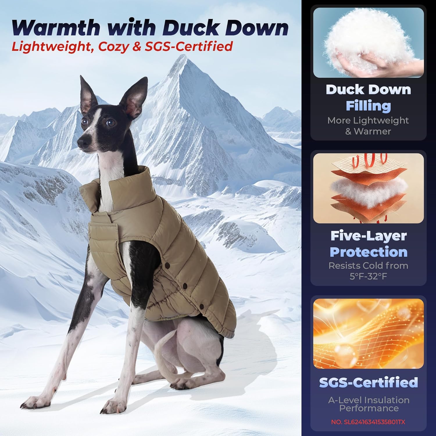 space lion dog puffer jacket, down winter coat, durable outdoor coat for cold and windy conditions, lightweight & adjustable fit coats for medium dogs, (khaki, size14/l) khaki 14/medium dogs