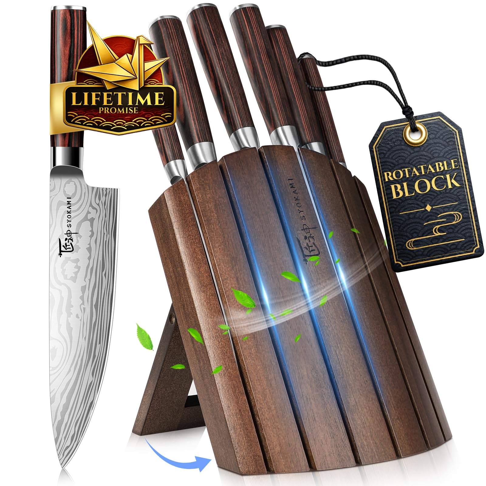SYOKAMI 2026 Upgrade Knife Set 7 Piece Japanese Style Kitchen Knife Set with Foldable Magnetic Acacia Wood Block Sharp High Carbon Stainless Steel Chef Knives Set with Anti-Slip Handle, Gift for Mom