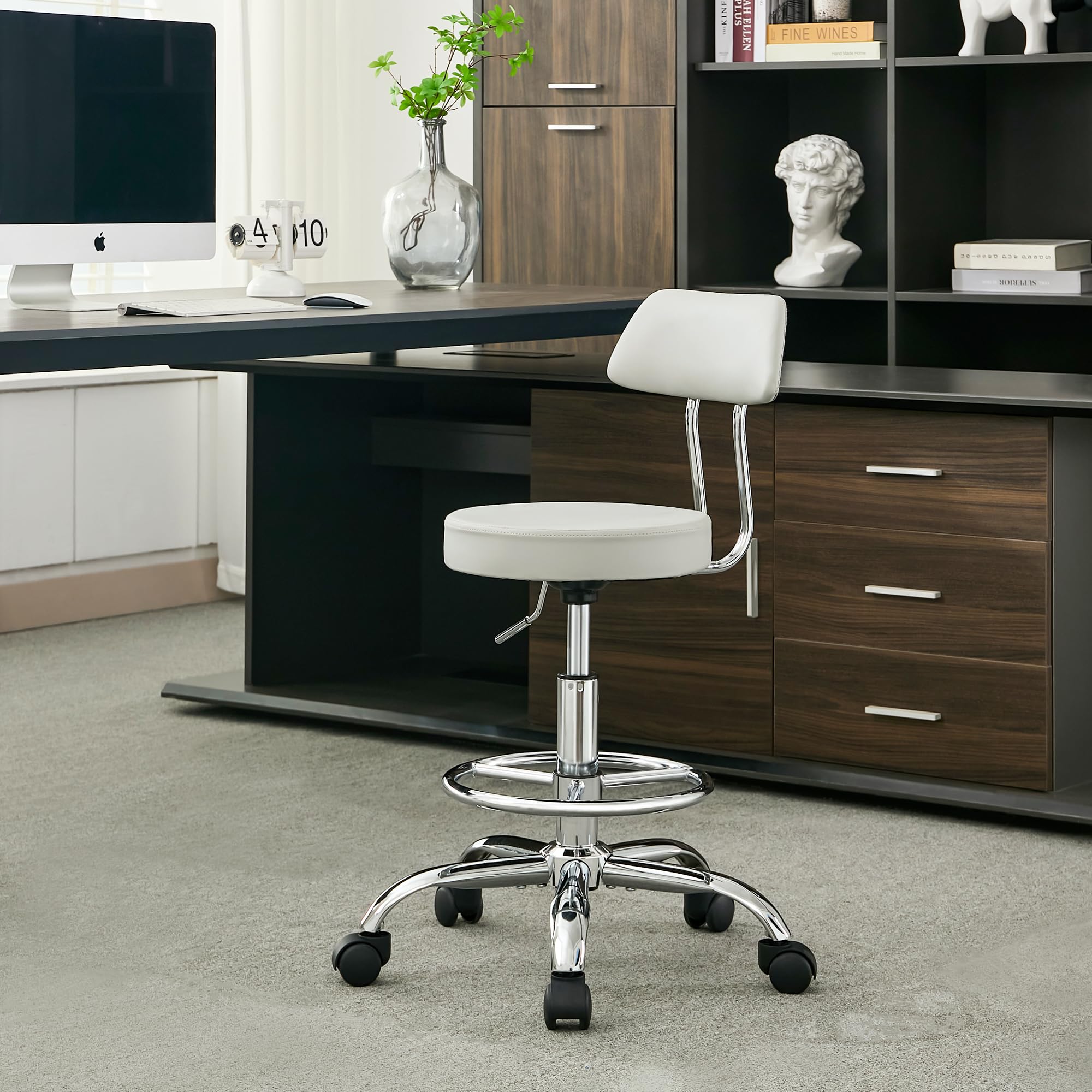 FIRAVOE Ergonomischer Büro-Zeichenstuhl, höhenverstellbarer Rollhocker mit Fußstütze 49,5–67,6 cm, Laborhocker aus Kunstleder mit Rückenlehne