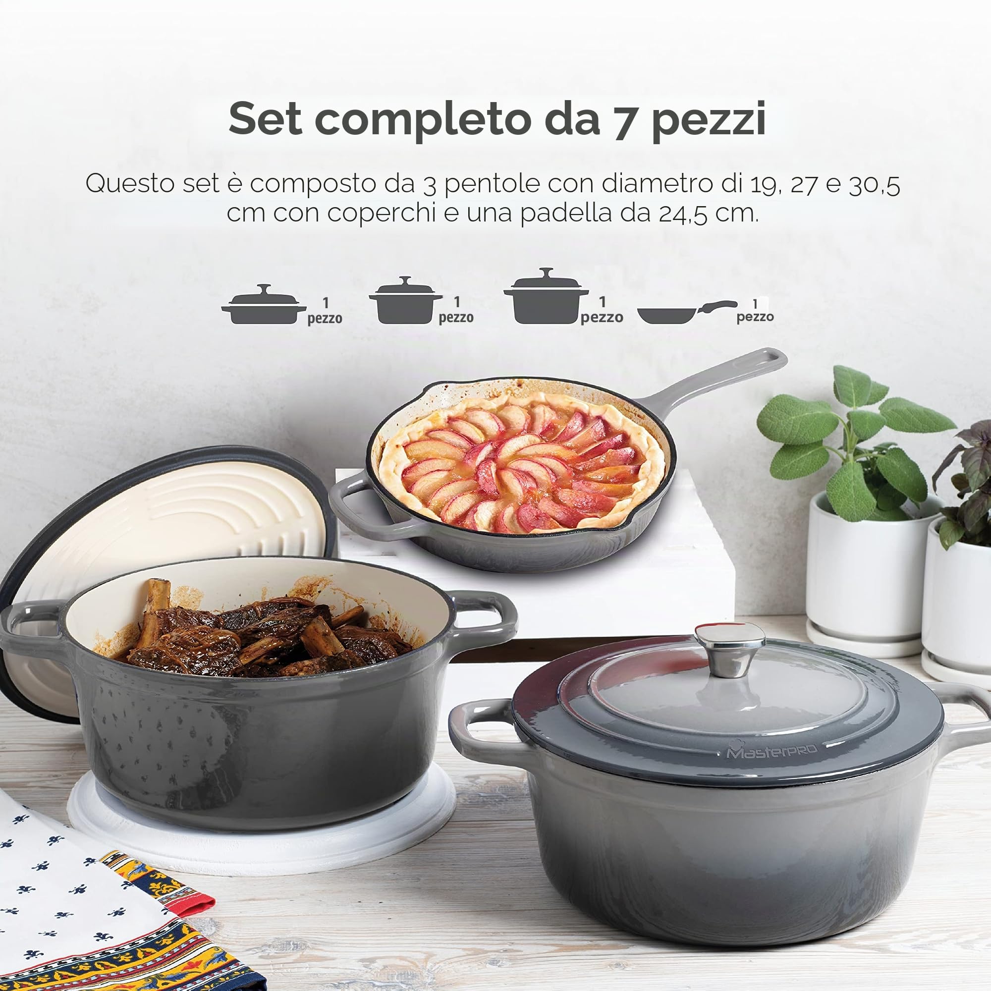 MasterPro Unique | Batteria di Cucina da 7 Pezzi | Set di Cucina con 3 Casseruole di 19, 27 e 30,5 cm con Coperchi e 1 Padella da 24,5 cm | Ghisa | Per Tutti i Piani Cottura