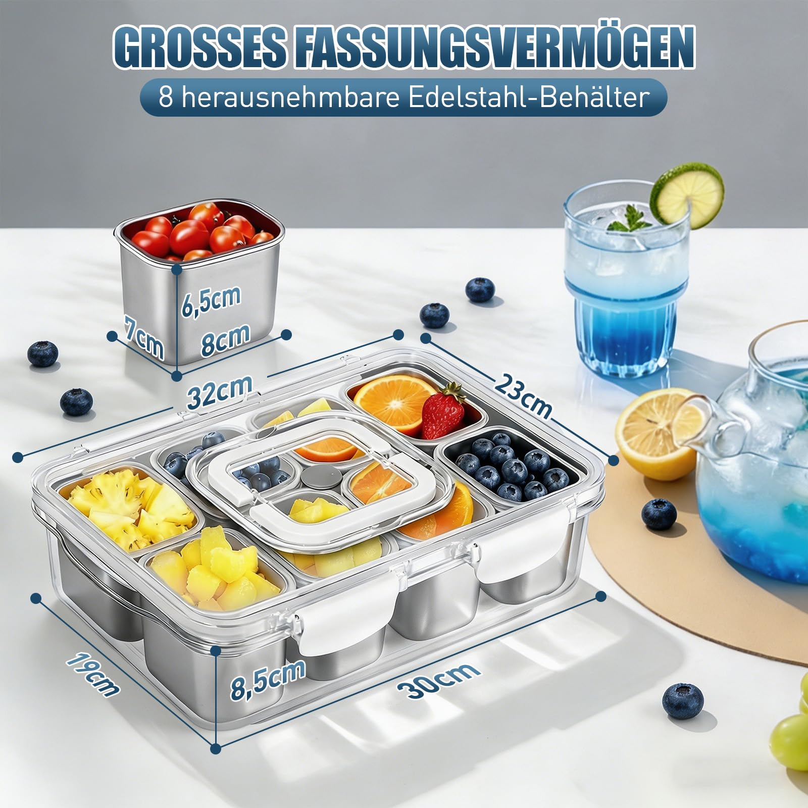 Snackbox mit 8 Edelstahl Fächern, Tragbare Snack Aufbewahrungsbox mit Deckel und Griff, auslaufsicherer Snack Organizer für Obst, Nüsse, Gemüse, Kekse – BPA-frei, ideal für Picknick & unterwegs