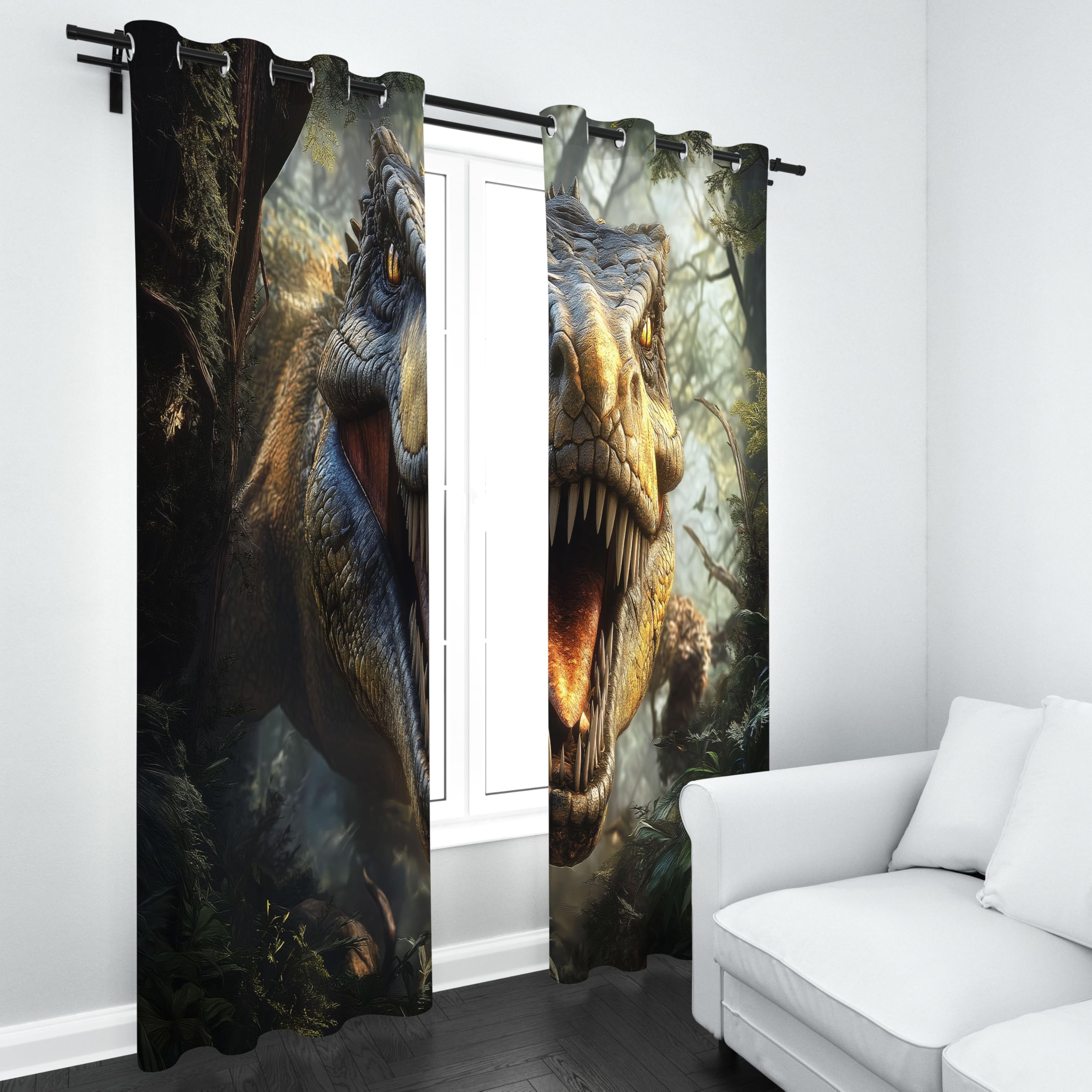 Rideaux occultants à motif dinosaures pour chambre à coucher, rideaux thermiques forêt verte pour salon, rideau dinosaure Tyrannosaurus Rex pour chambre d'enfant/adolescent, cuisine, ensemble de 2 pan