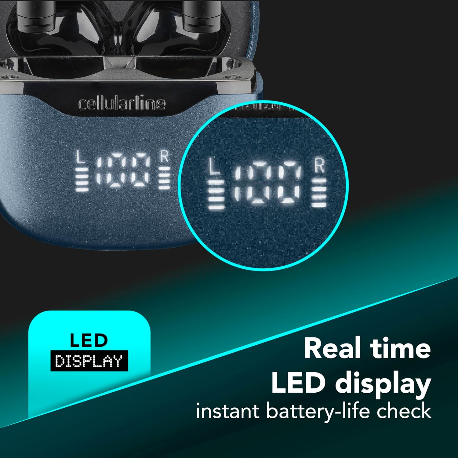 Close-up of cellularline Core Pro charging case LED display showing 100% charge