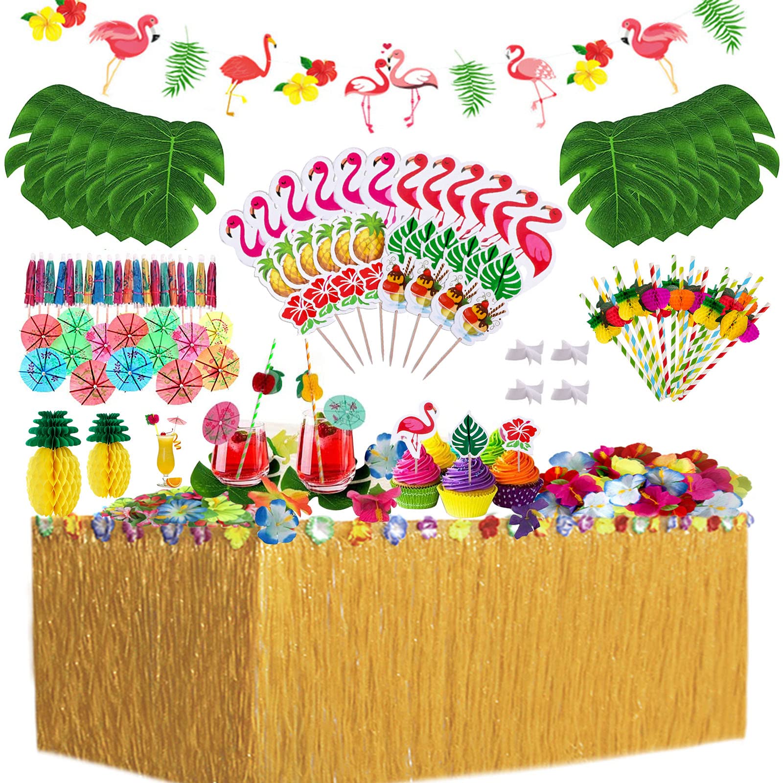 128 Pezzi Gonna Tavolo Hawaiana Tovaglia da Tavolo Set, Foglie di Palma Fiori Hawaiani Cake Topper per Il Partito Luau Hawaiano Decorazioni da Tavola