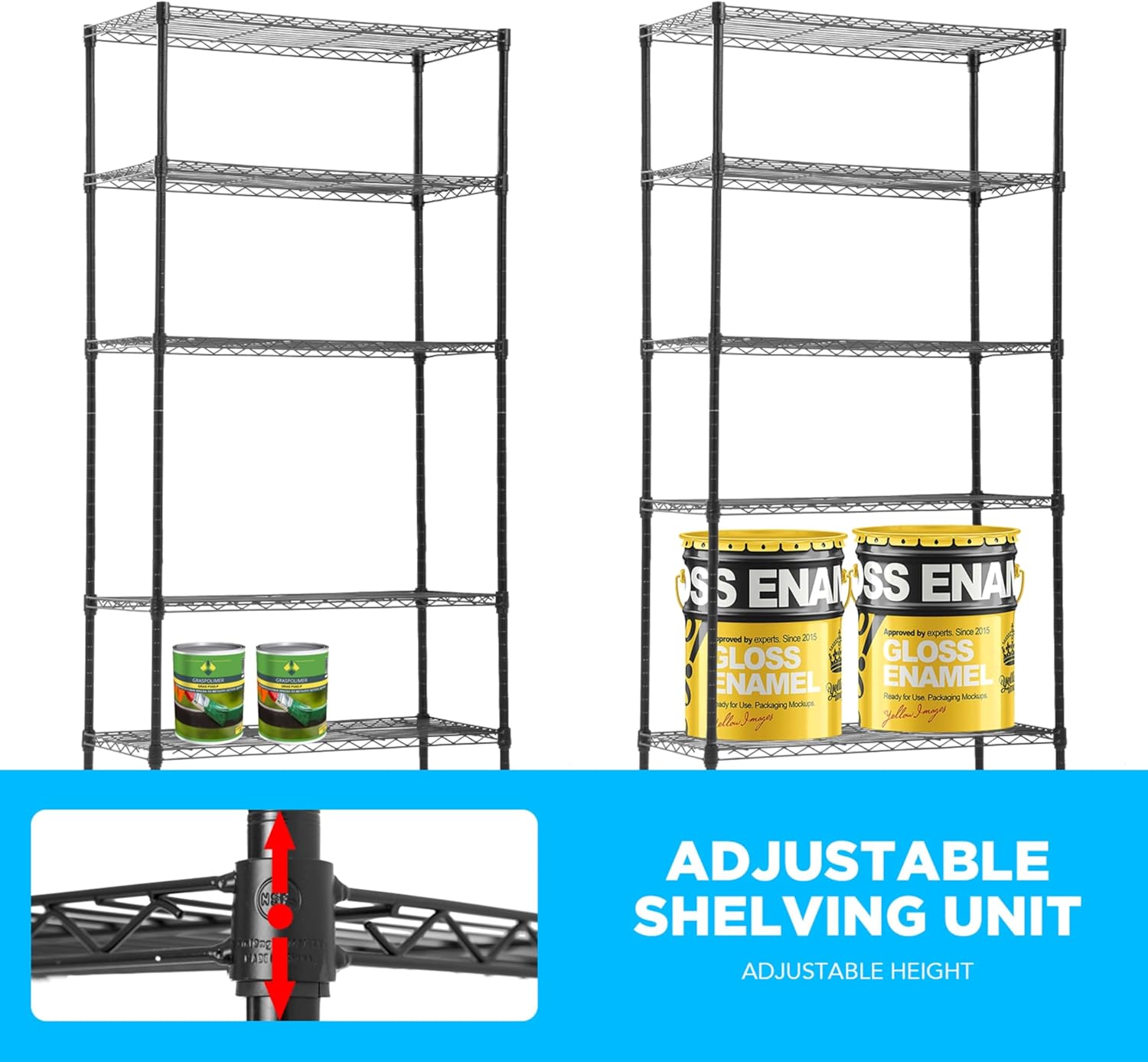 24/7 Shop at Home Rex Industrial 5 Tier Wire Shelving Rack with Wheels, Adjustable Shelves and NSF Certified, Metal Storage Shelves for Kitchen, Office, Garage, Basement, Laundry Room, Black