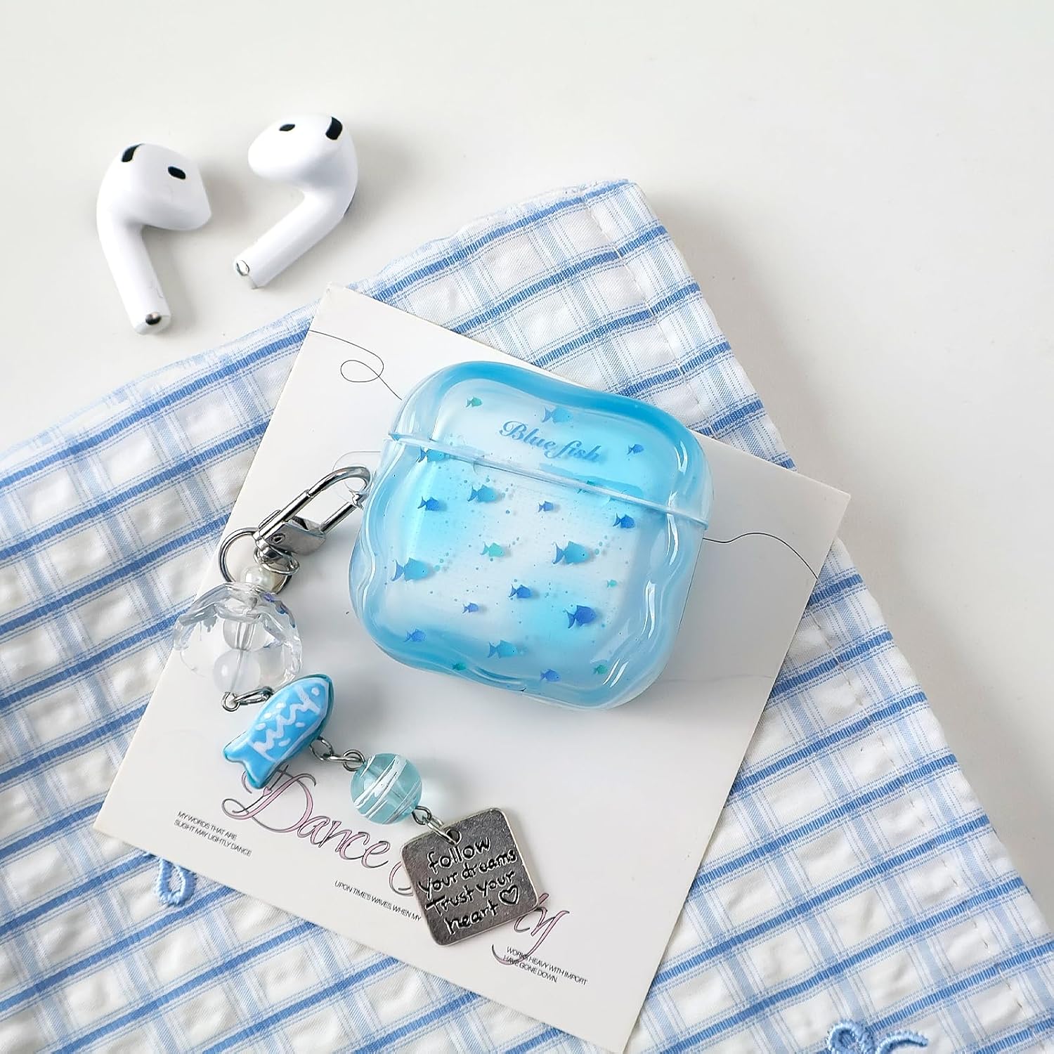 Compatible with AirPods 4 Case Soft TPU with Cleaner Kit Creative Cute Little Fish Star Keychain Shockproof Cover for Airpods 4th Generation(2024) -White Blue image 5