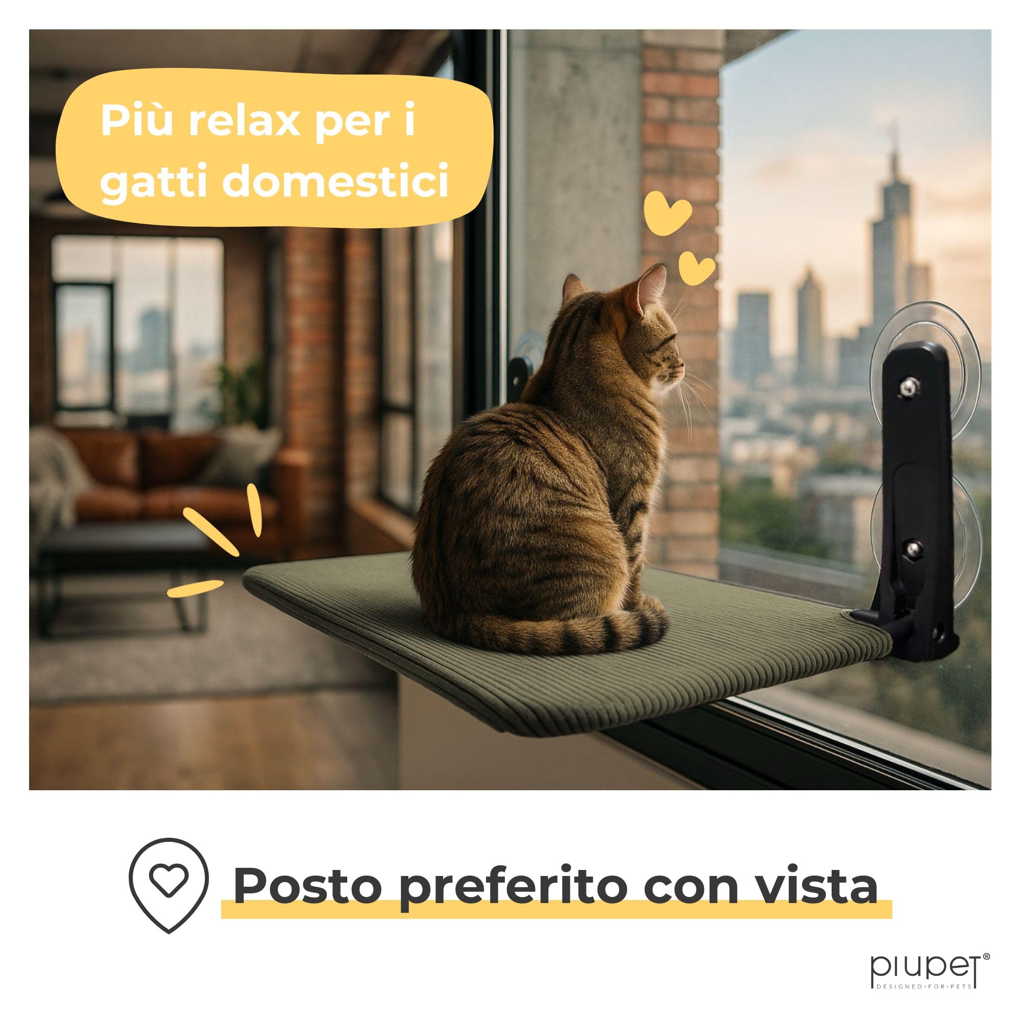 PiuPet® Lettino galleggiante per gatti da finestra - Lettino pieghevole e salvaspazio per gatti con ventose I Amaca reversibile per finestre | gatto accessori (Verde)