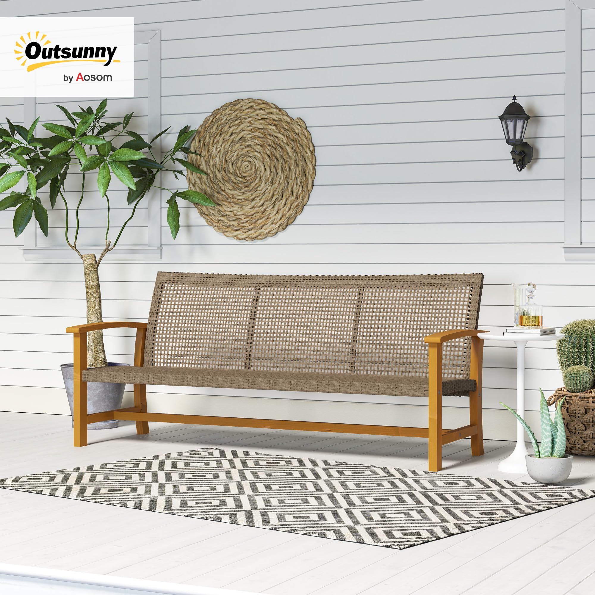 Sofá de mimbre para exteriores, sofá de mimbre para patio al aire libre, 1000 libras de capacidad, muebles de patio de madera de acacia con asiento de acero y reposabrazos para patio trasero 2
